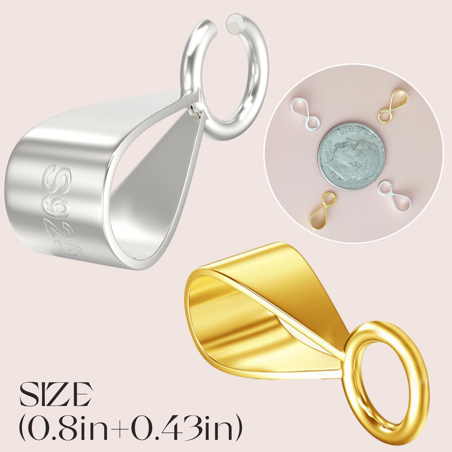 5 Pieces 14K Gold Bails for Pendants Clasp with Open Loop,925 Sterling Silver Jewelry Bails for Pendants Slider Connectors for Necklace Jewelry Making Made in Italy