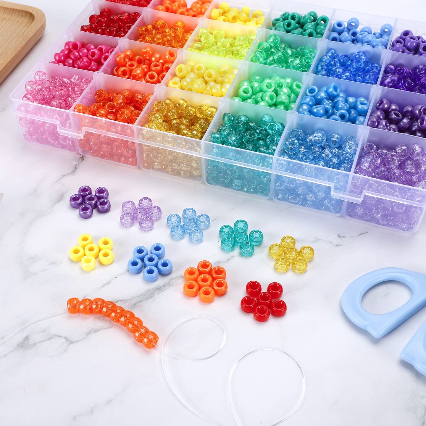 2880 Pieces Pony Beads Kit, Kandi Beads for Hair, Rainbow Beads Plastic Bead for Craft 6 x 9mm 24 Colors 4 Styles Large Hole Beads Set for Bracelets Jewelry Making