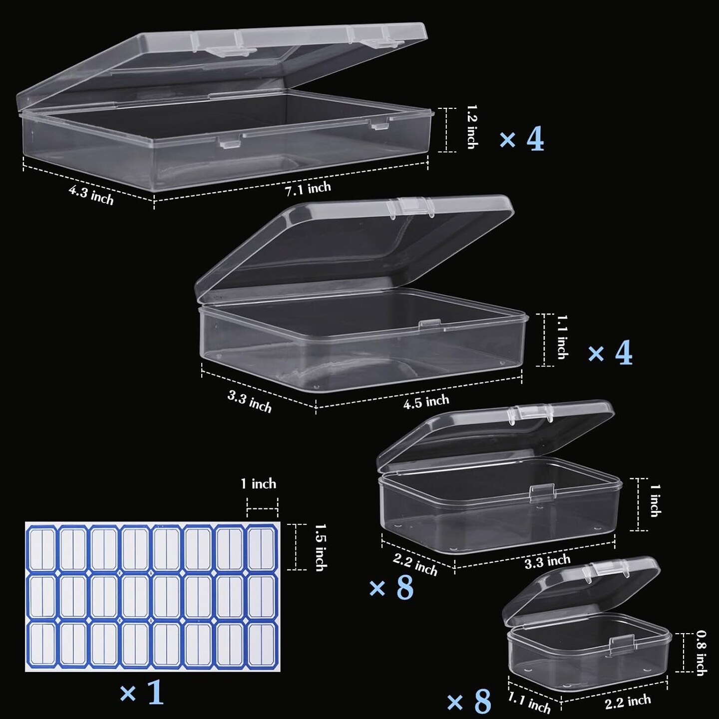 24 Pack Mixed Sizes Rectangular Mini Plastic Containers Clear Plastic Storage Boxes with Hinged Lids and Labels Empty Beads Organizers for Small Items Art Craft Jewelry Projects