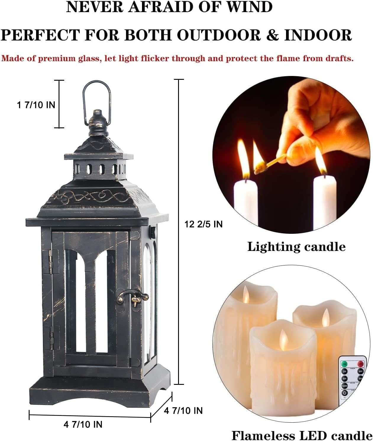 Indoor and outdoor decorative candle lanterns made of vintage metal, perfect for front porches, patios, wedding parties, and Christmas d&#xE9;cor (black with copper brush).