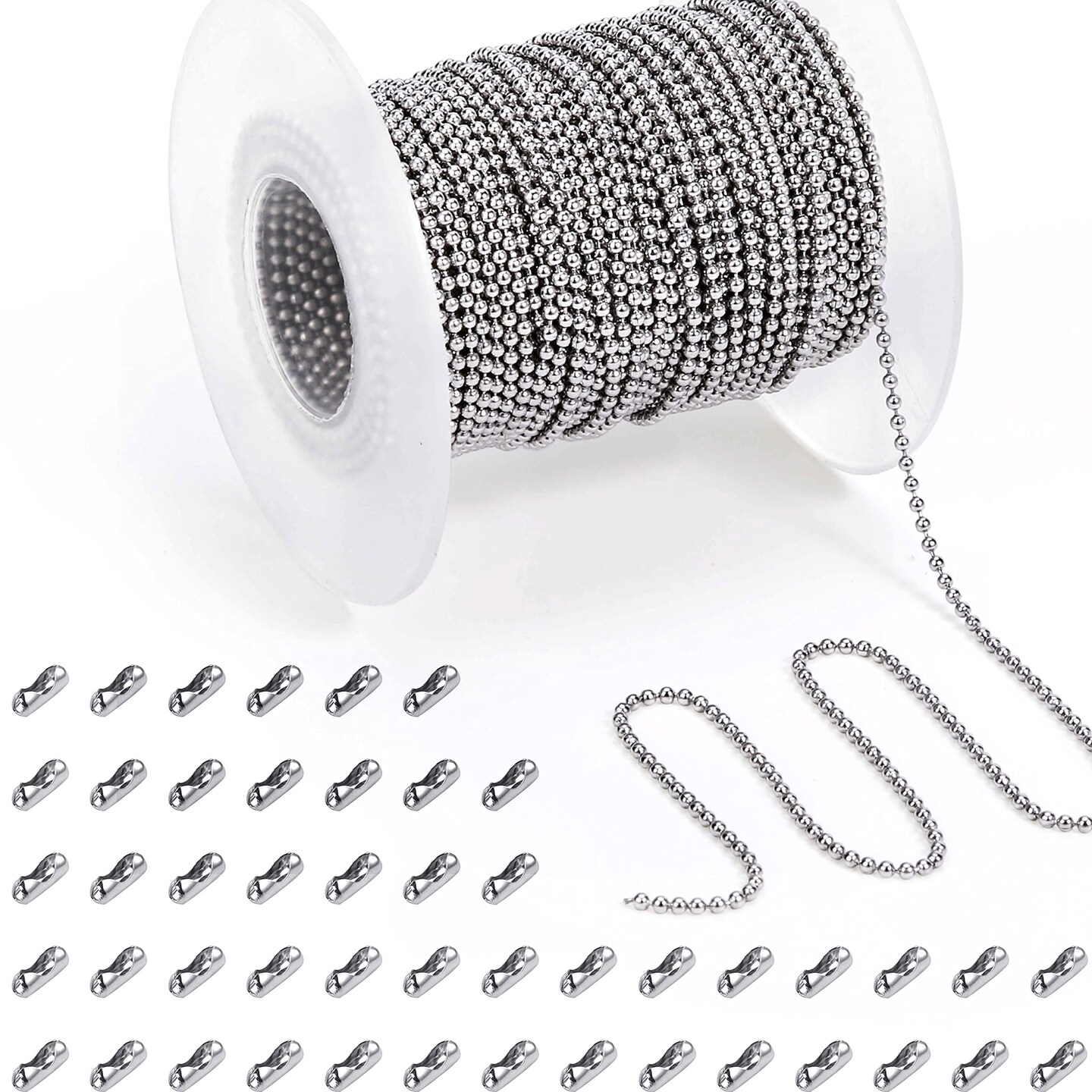 53 FT Ball Bead Chain, 1.5 mm Adjustable Pull Chain Beaded with 50 PCS Matching Connectors, Stainless Steel Bead Chain for Jewelry Making Necklace Keychain Dog Tag Chain