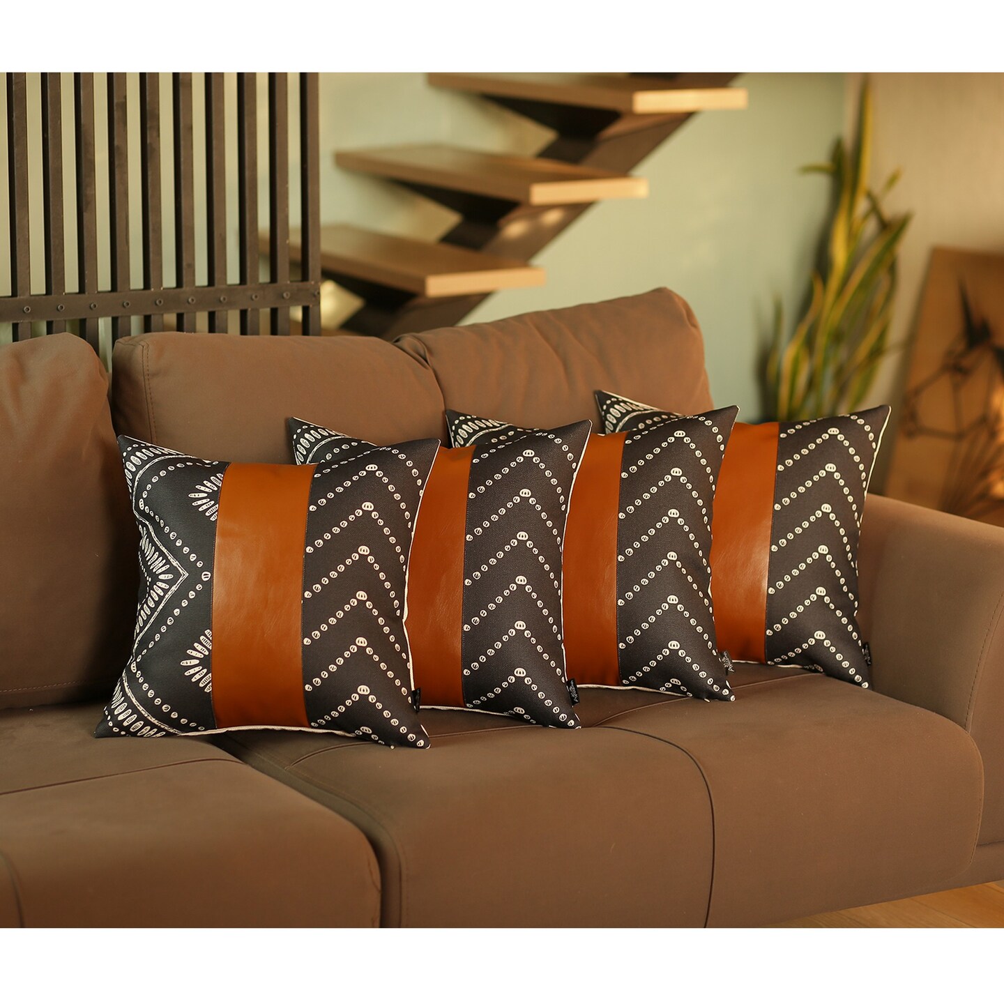 Set of 4 Black and White Geo with Faux Leather Lumbar Pillow Covers Set of 4 Black and White Geo with Faux Leather Lumbar Pillow Covers