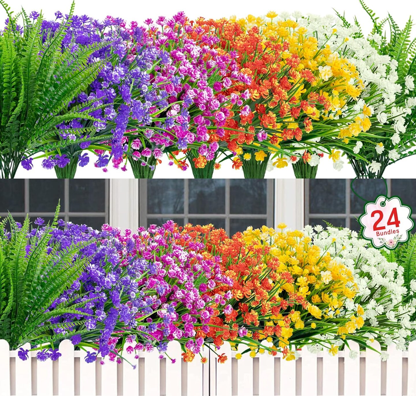 24 Bundles of Artificial Flowers for Outdoor Decoration UV Resistant Fake Plastic Plants Faux Boston Fern Artificial Greenery for Summer Indoor Outdoor Garden Patio Window Box Kitchen Home Decor