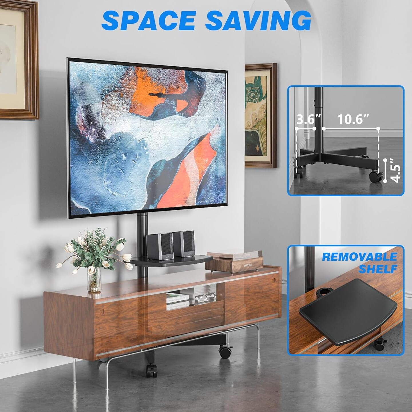 Mobile TV Cart for 23-60 Inch LCD LED Flat Panel Curved Screen TVs up to 88 lbs, Height Adjustable Shelf Rolling Floor Stand with Wheels as a Movable Portable Stand, Max VESA 400x400mm