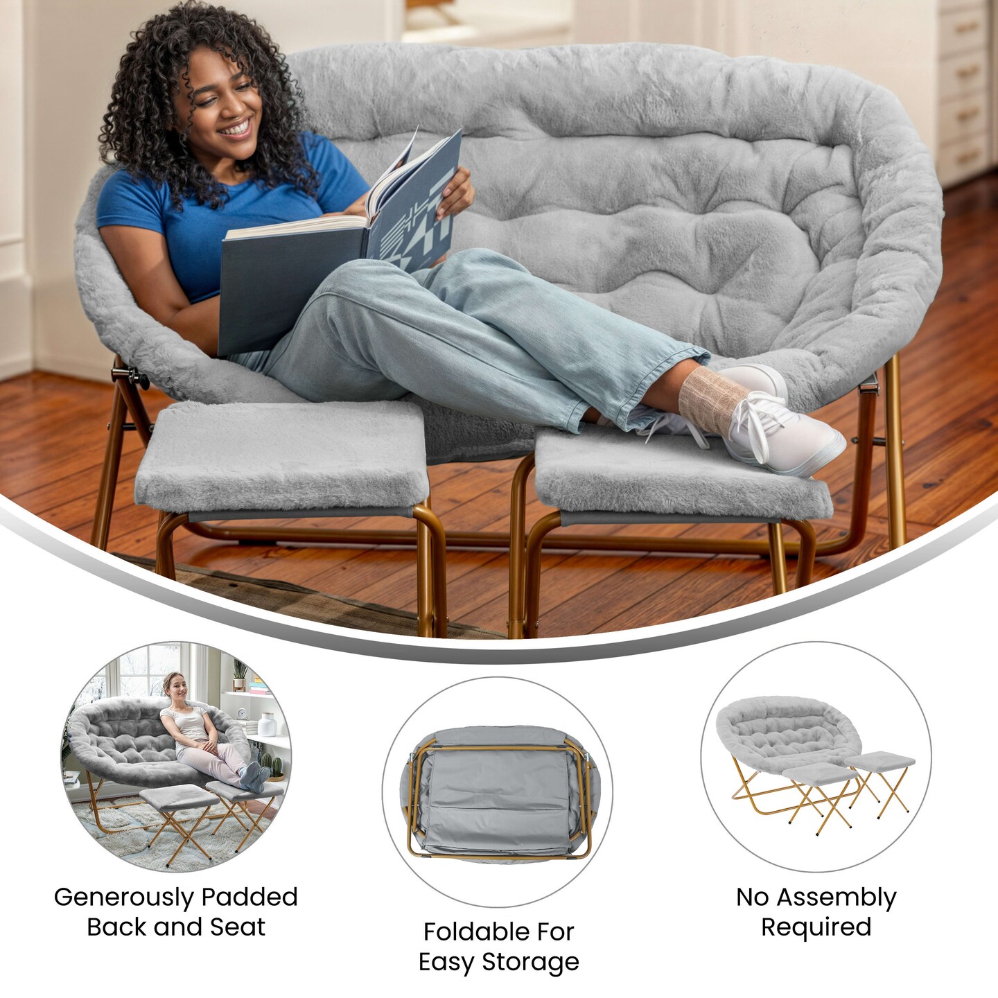 Emma and Oliver Janey Folding Double Saucer Chair with 2 Ottomans and Steel Frame for Dorm or Bedroom