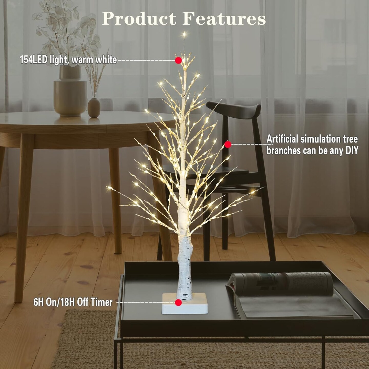 Home Decorations: Lighted Birch Tree Indoor, 1.96FT Simulation Tree Light, Battery Operated and USB Power, Lighted Desktop Birch Bonsai Tree Led Lights Festival Wedding Table Top Decorations,Timer.