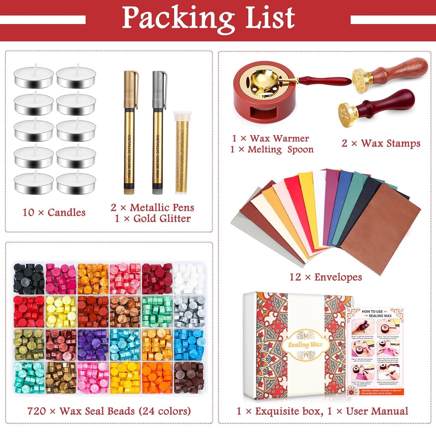 Sealing Wax Kit with Wax Seal Beads, Wax Seal Stamp, Wax Seal Warmer, Wax Spoon, Envelopes and Tealight Candles for Letter Sealing