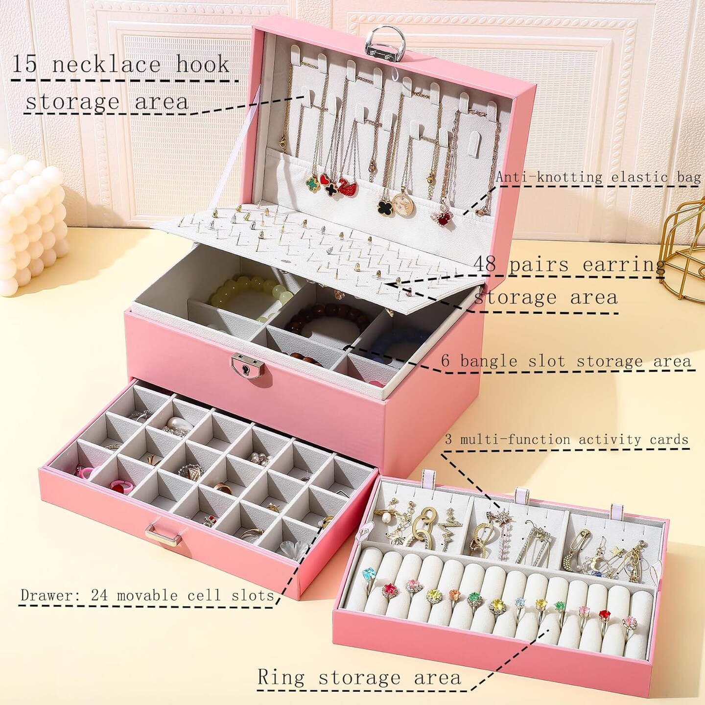 5-Layer Earring Jewelry Box with Lock – Stud, Necklace, Ring Organizer for Women and Girls