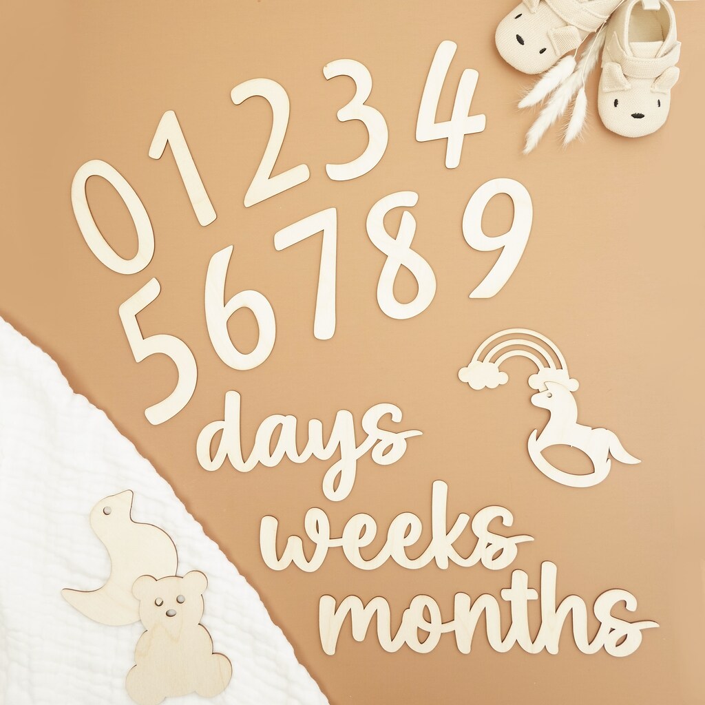 Baby Monthly Milestone Cards, Wooden Number Set of 22 Photo Props | Woodpeckers