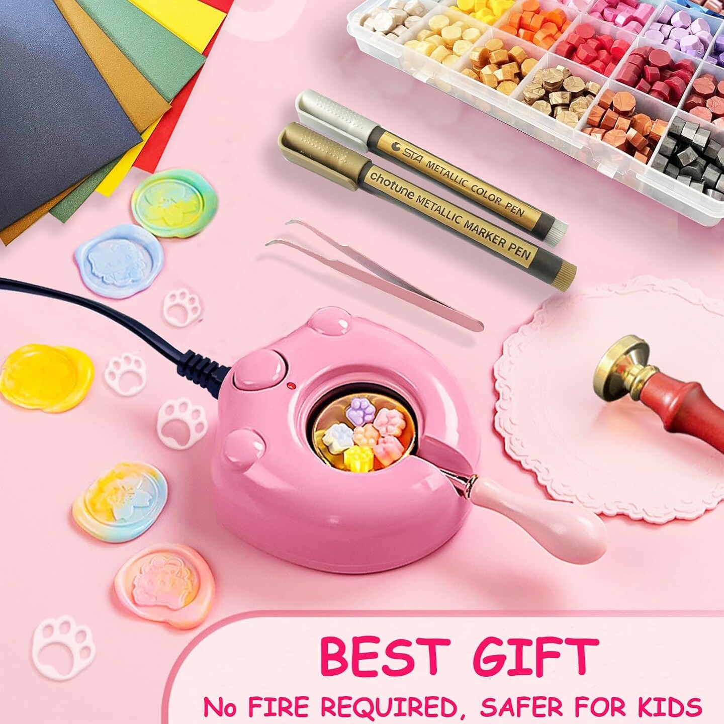 Electric Wax Seal Stamp Kit with Pink Gift Box, Wax Seal Warmer, 624 Pcs Wax Seal Beads, Wax Seal Stamp, Wax Spoon, Wax Seal Pens, Envelopes, Tweezers, Gift for Kids Girls Crafter DIY