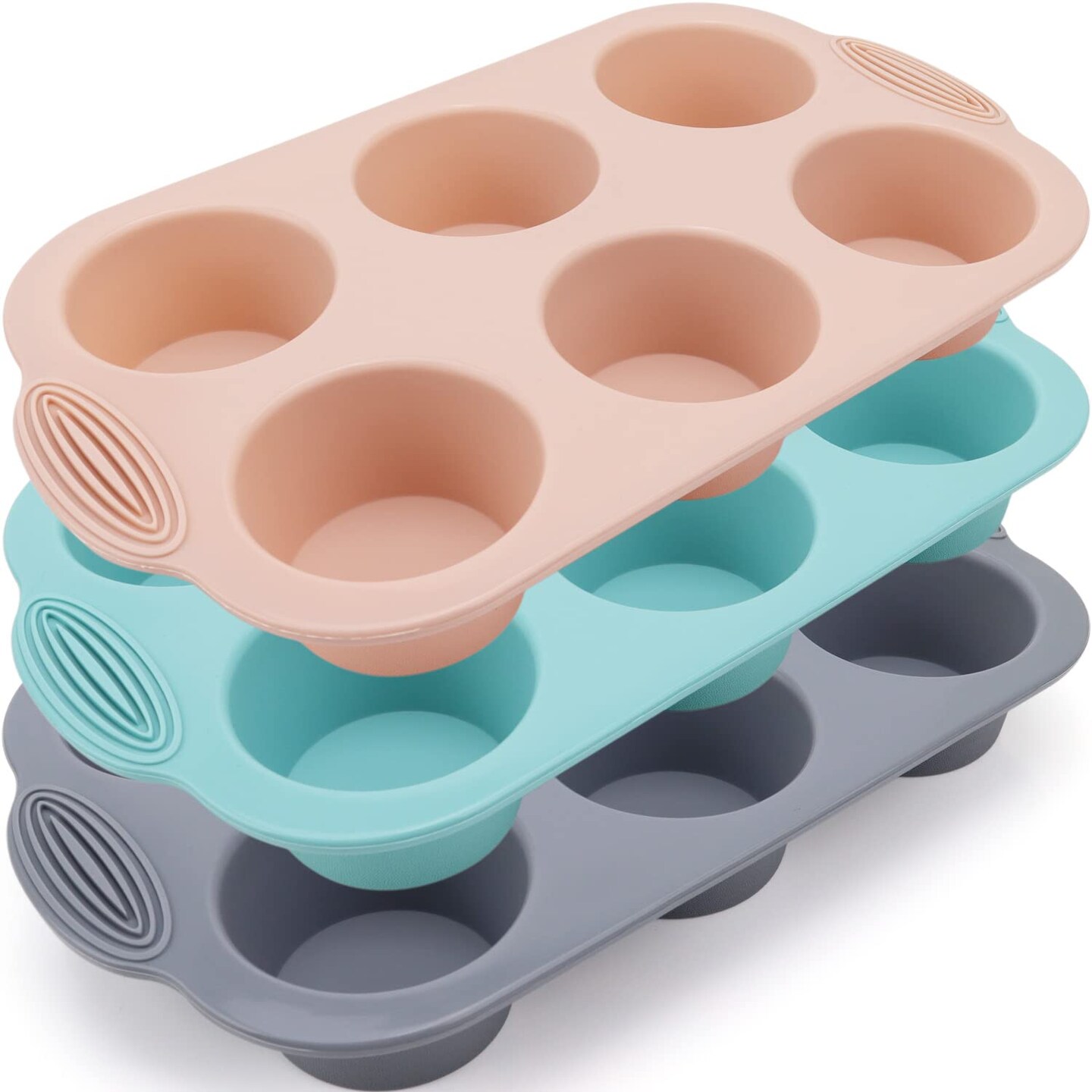 3 Pieces Silicone Muffin Pan - 6-Cavity Nonstick Baking Tray for Muffins, Cupcakes, Brownies and More - Food Grade and BPA Free - (Gray, Orange, Peacock Blue)