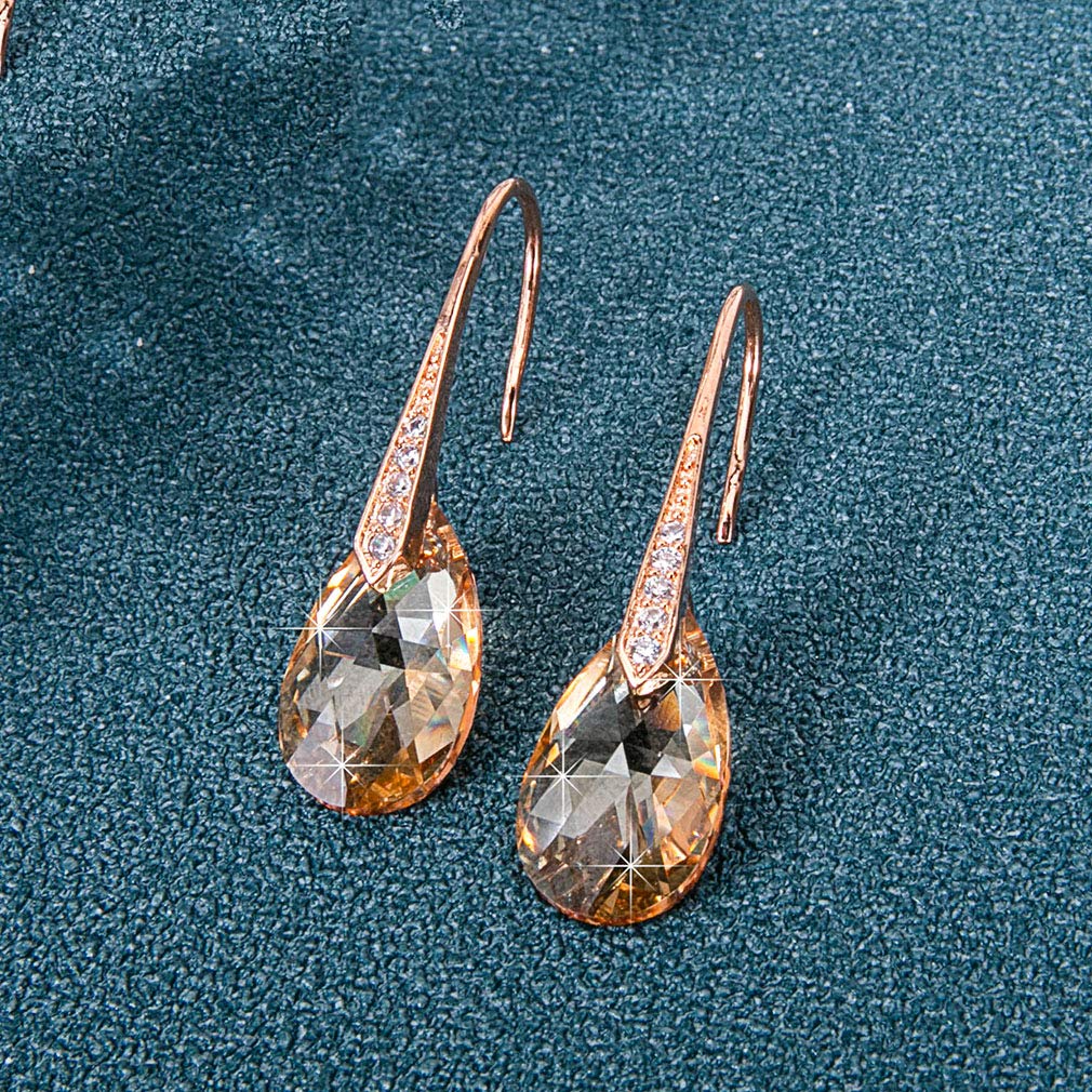 Crystal Teardrop Dangle Earrings for Women Drop Hook Earring 14K Rose Gold Plated Hypoallergenic Jewelry (Light Topaz)