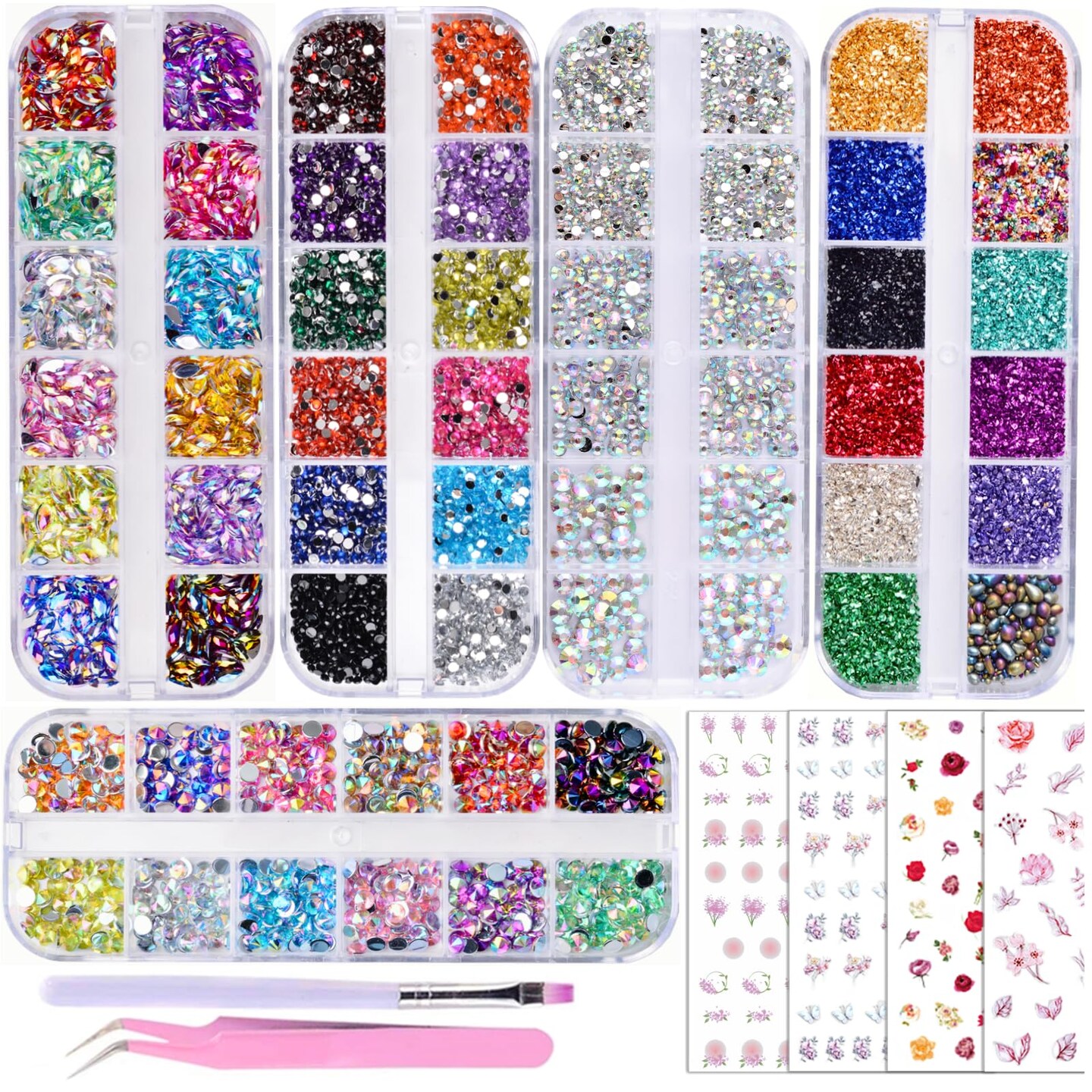 5000 Pieces (5 Boxes) Shiny Colorful Nail Art Rhinestones Nail Stone Gems Design Kit and 4 sheets flower nail art stickers with a Curved Tweezers and a Nail Brush (multicolor)