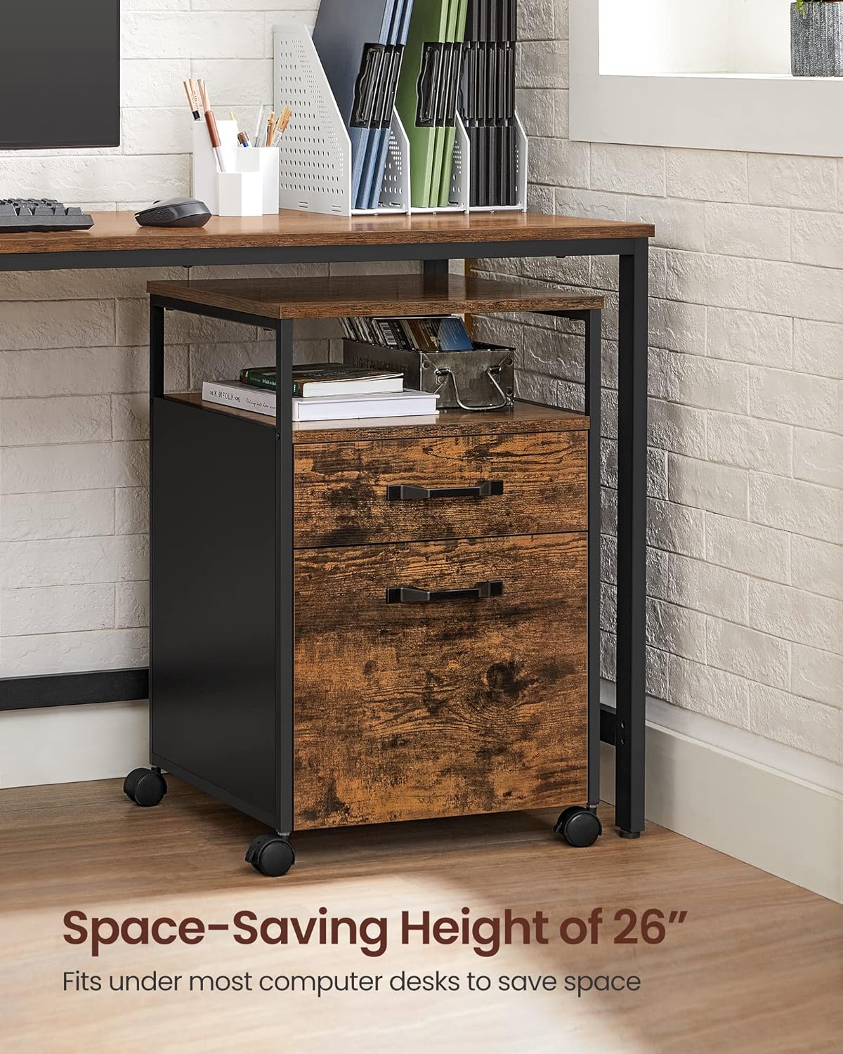 File Cabinet, Mobile Filing Cabinet with Wheels, 2 Drawers, Open Shelf, for A4, Letter Size, Hanging File Folders, Rustic Brown and Ink Black UOFC71X