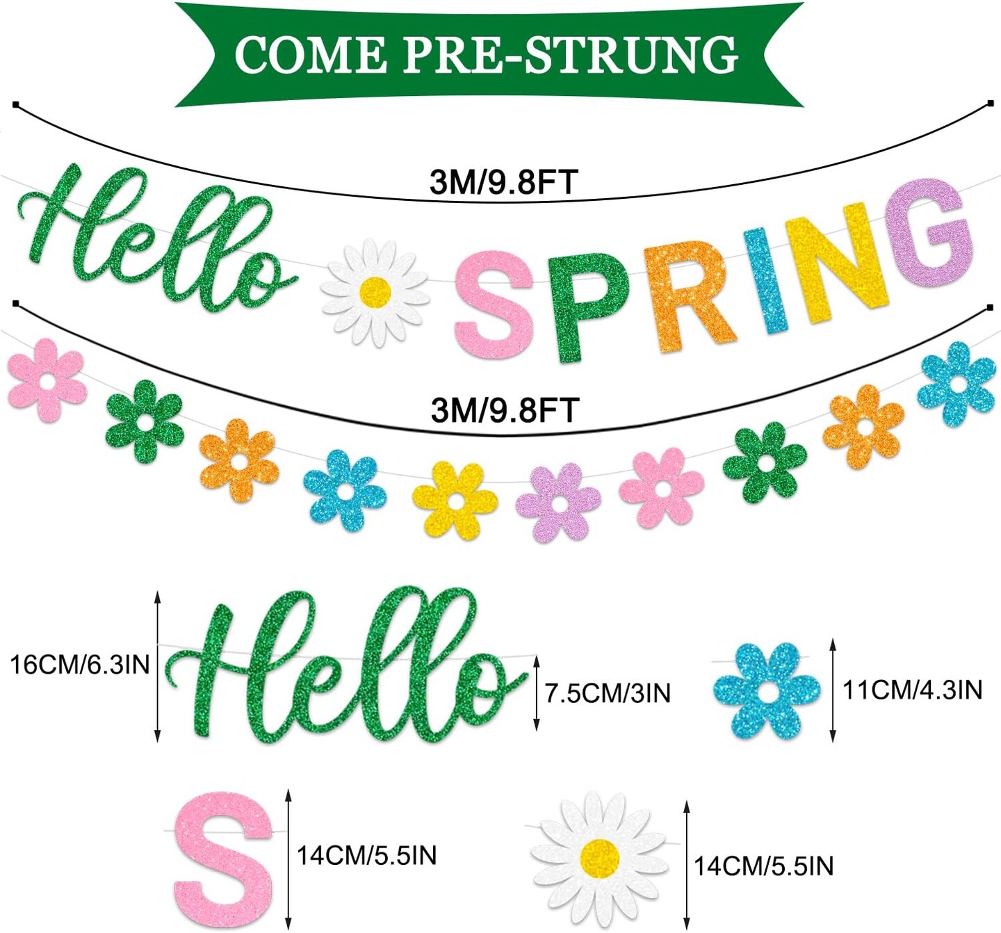 Hello Spring and Flower Banner with Colorful Glitter Spring Flower Banner Garland. Spring Party Decorations for Indoor and Outdoor Homes Spring Easter Mantel Fireplace Hanging Decor