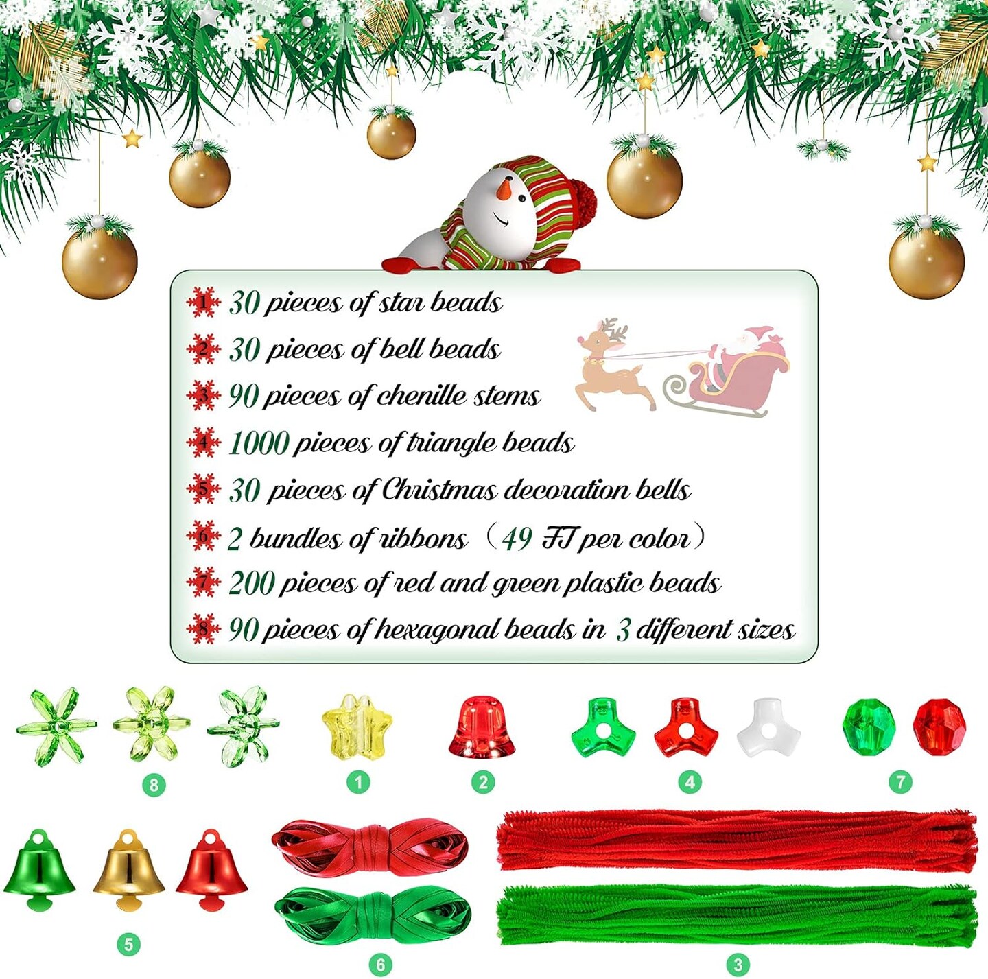 1472 Pieces Christmas Beaded Ornament DIY Craft Kit Xmas Party Craft Wreath Candy Cane Christmas Tri Beads Plastic Beads Chenille Stems and Ribbons Holiday Kids Supplies for Christmas Tree Decoration