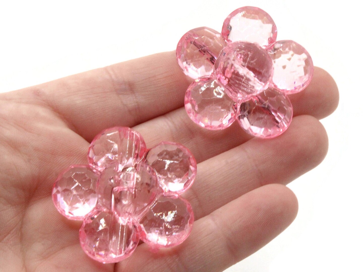 2 35mm Large Light Pink Flat Faceted Flower Plastic Shank Buttons