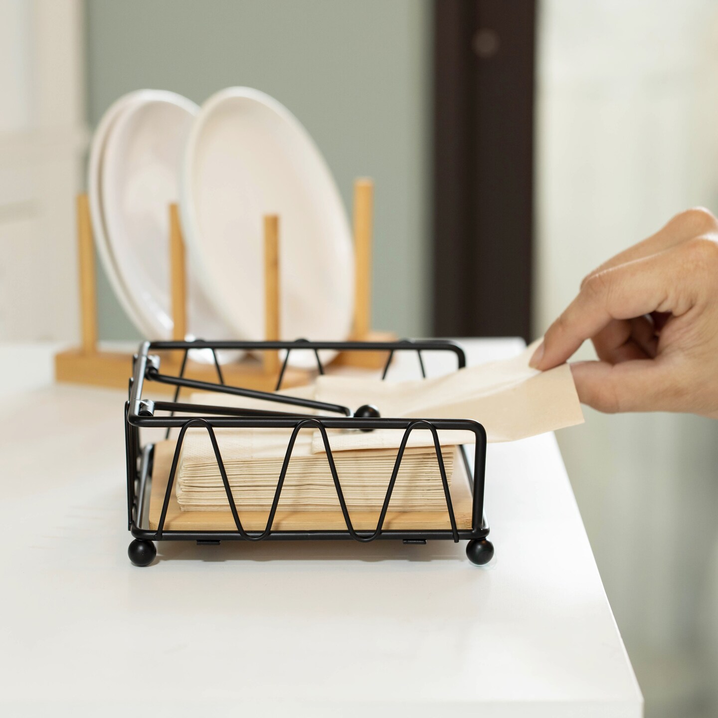 Flat Metal Square Napkin Holder with Weighted Arm and a Wooden Tray Perfect for Adorning Dining Table, Kitchen Countertop and Napkin Holder for Bathroom also Good for Outdoor Table at Restaurant 