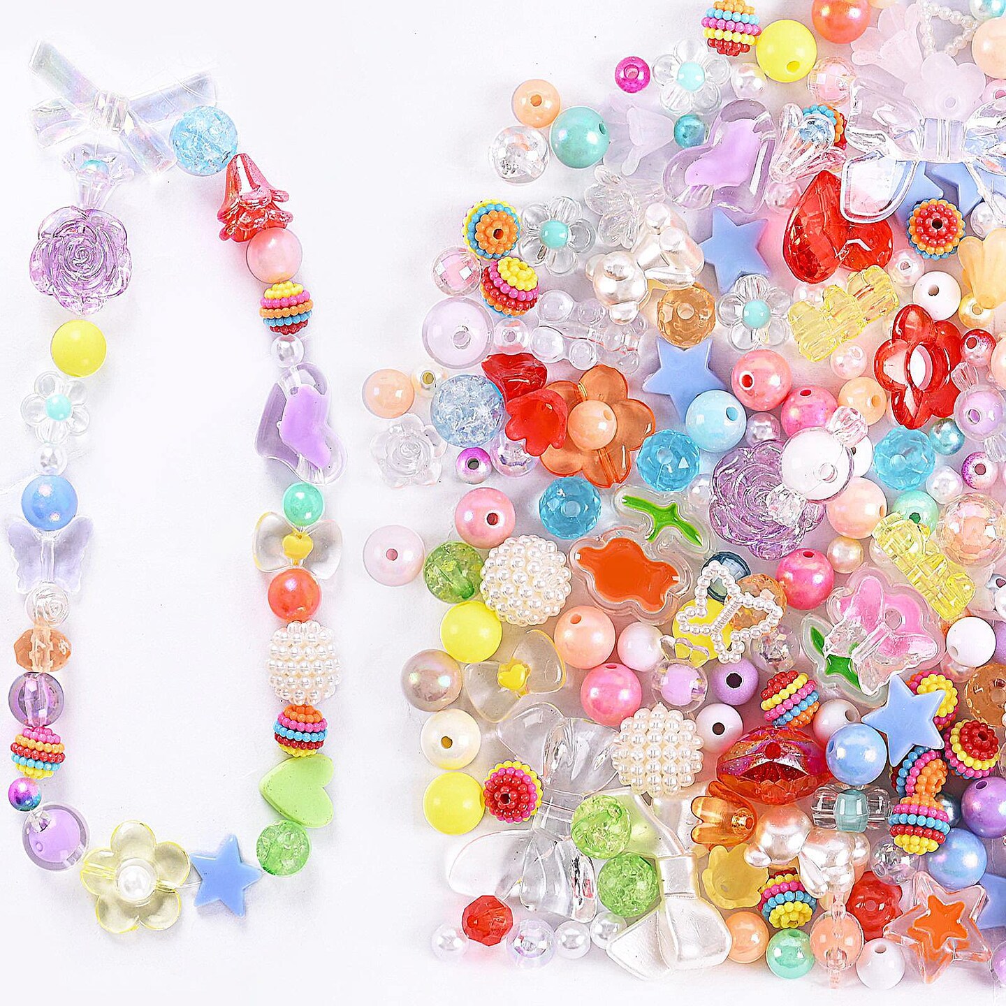 120 Pieces Acrylic Assorted Beads Mix Color Flower Heart Butterfly Candy Beads Pastel Beads Candy Color Plastic Beads Cute Round Beads Bulk for Bracelets Jewelry Making Necklaces DIY Crafts