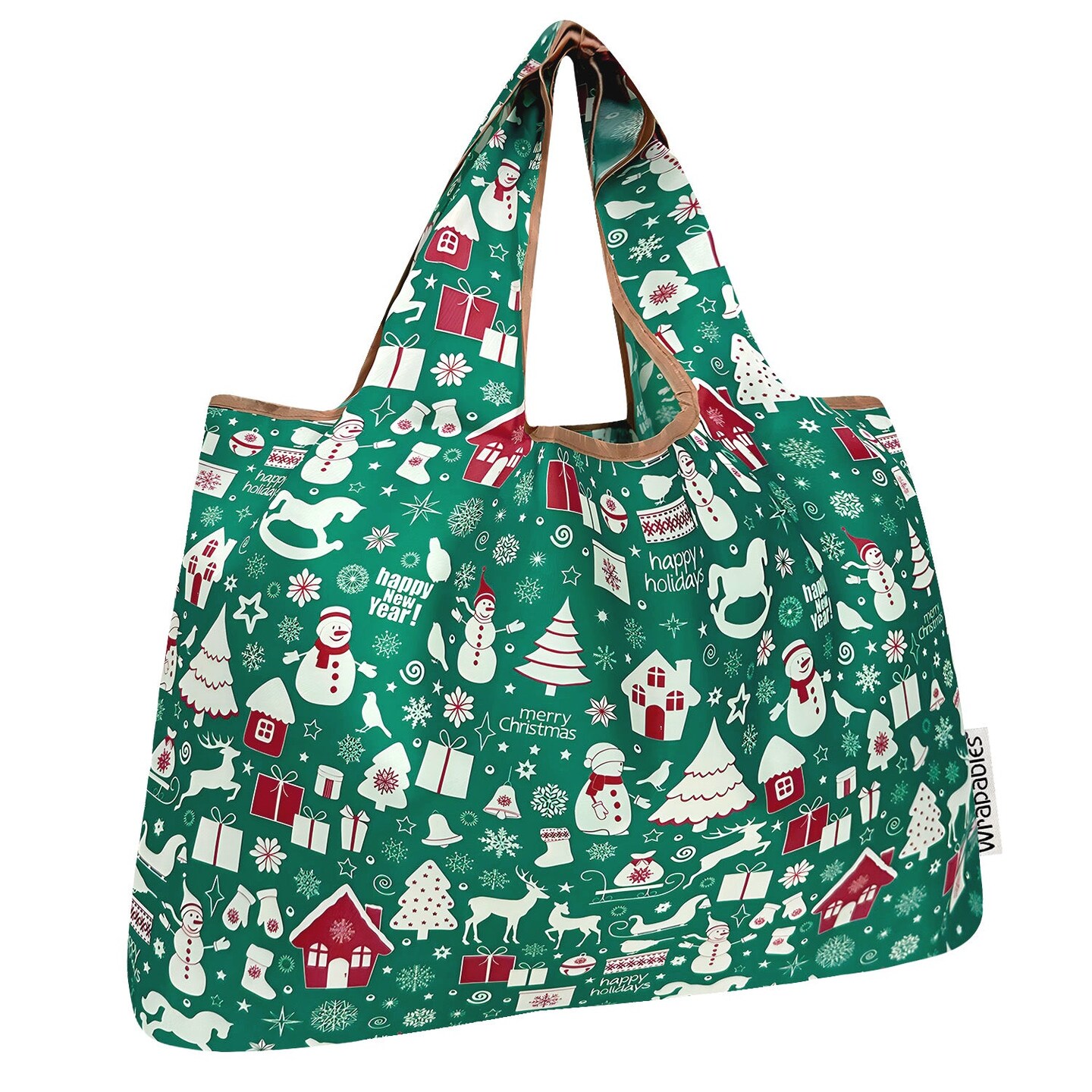 Wrapables Large Foldable Tote Nylon Reusable Grocery Bags, Christmas Green
