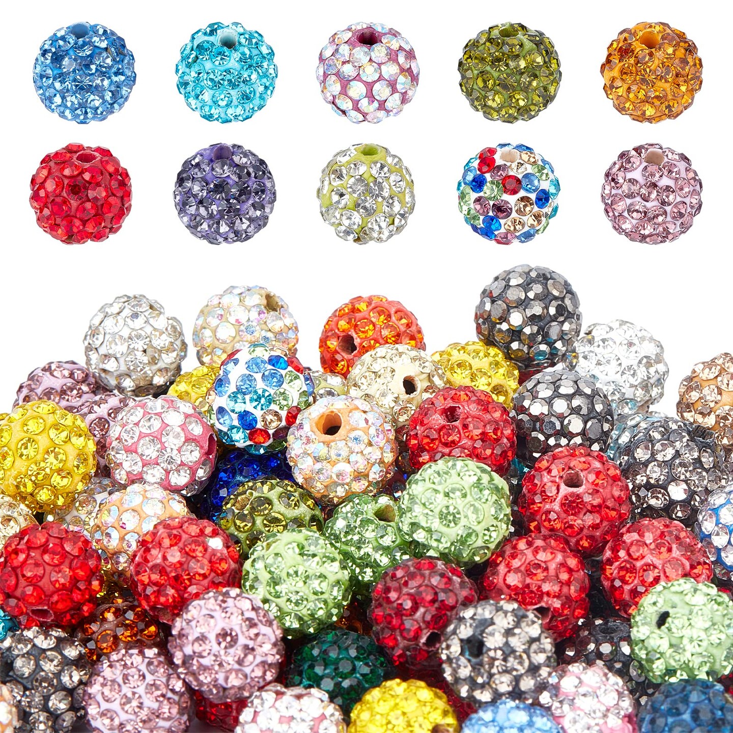 100 Pieces 10mm Crystal Beads Rhinestones Beads Pave Disco Ball Beads Mixed Color Polymer Clay Diamond Round Beads for Summer Bling Pen Bracelet Necklace Earring Jewelry Making Christmas