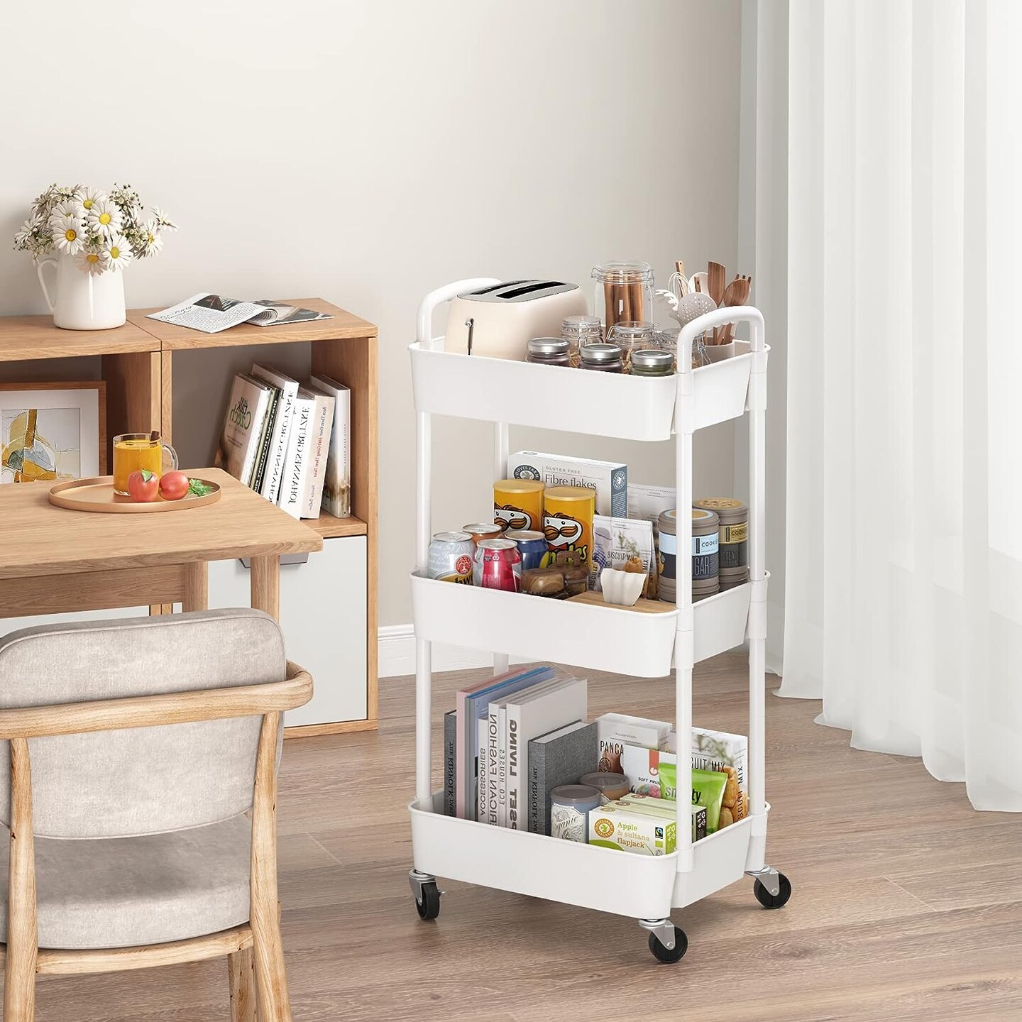 3-Tier Plastic Rolling Utility Cart with Handle, Multi-Functional Storage Trolley for Office, Living Room, Kitchen, Movable Storage Organizer with Wheels, White