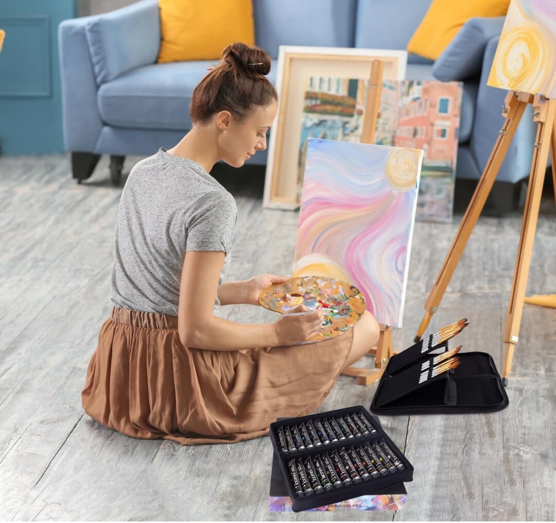 Artist Paint Brush Set 16Pc - Includes Palette Knife, Sponge, Organizing Case for Watercolor, Acrylic, Oil Painting - Professional Painting Brushes for Kids, Adults &#x26; Artists