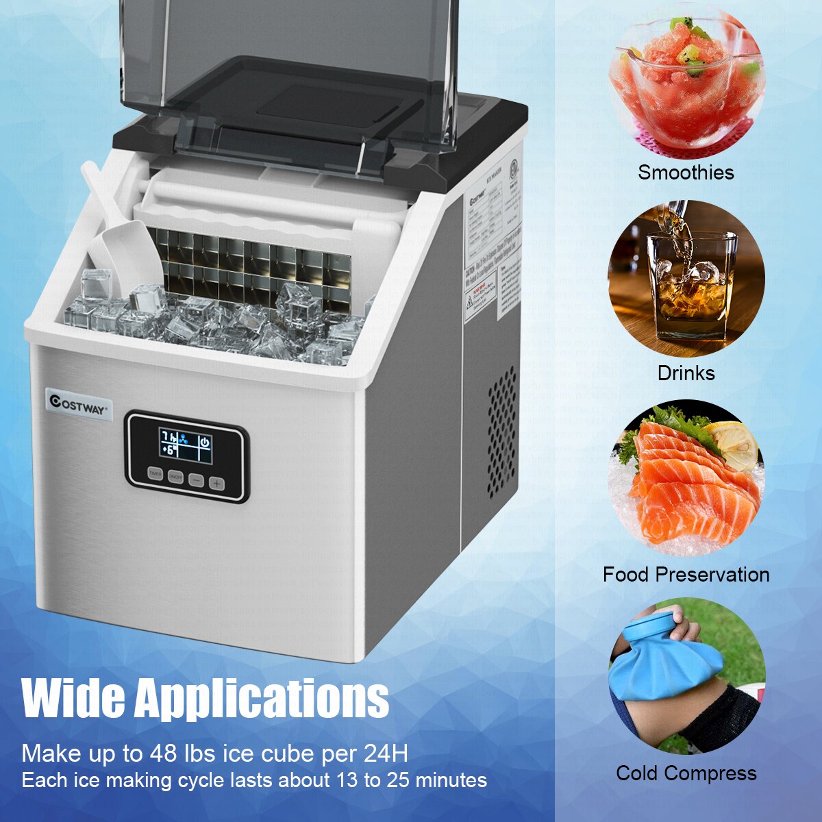 Costway Stainless Steel Ice Maker Machine Countertop 48Lbs/24H Self-Clean with LCD Display