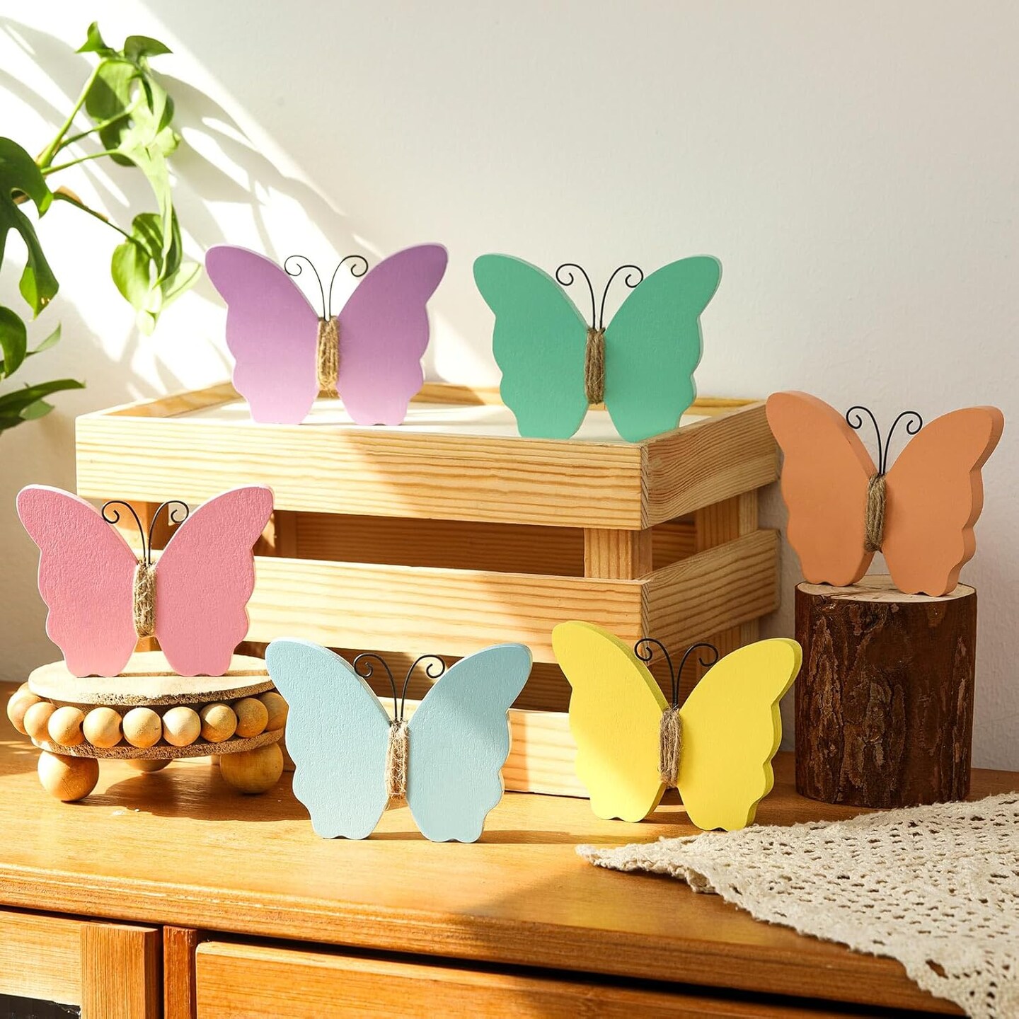 6 Pcs Spring & Summer Tiered Tray Decor - Wooden Table Decorations for Home & Farmhouse Shelf