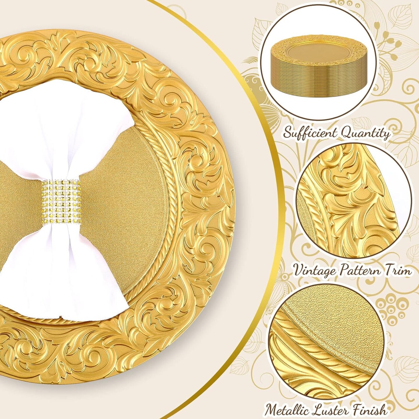 50 Pcs Antique Gold 13 Inch Embossed Rim Charger Plates for Events