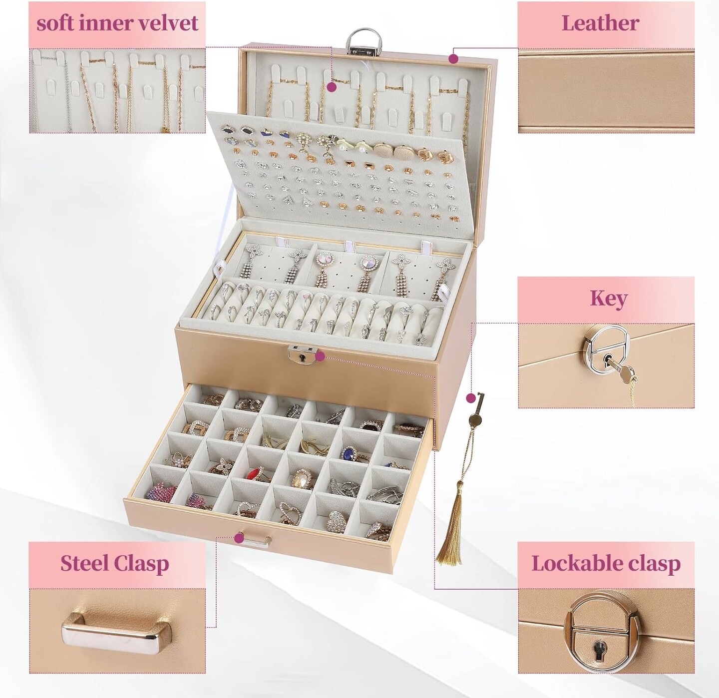 5-Layer Earring Jewelry Box with Lock – Stud, Necklace, Ring Organizer for Women and Girls