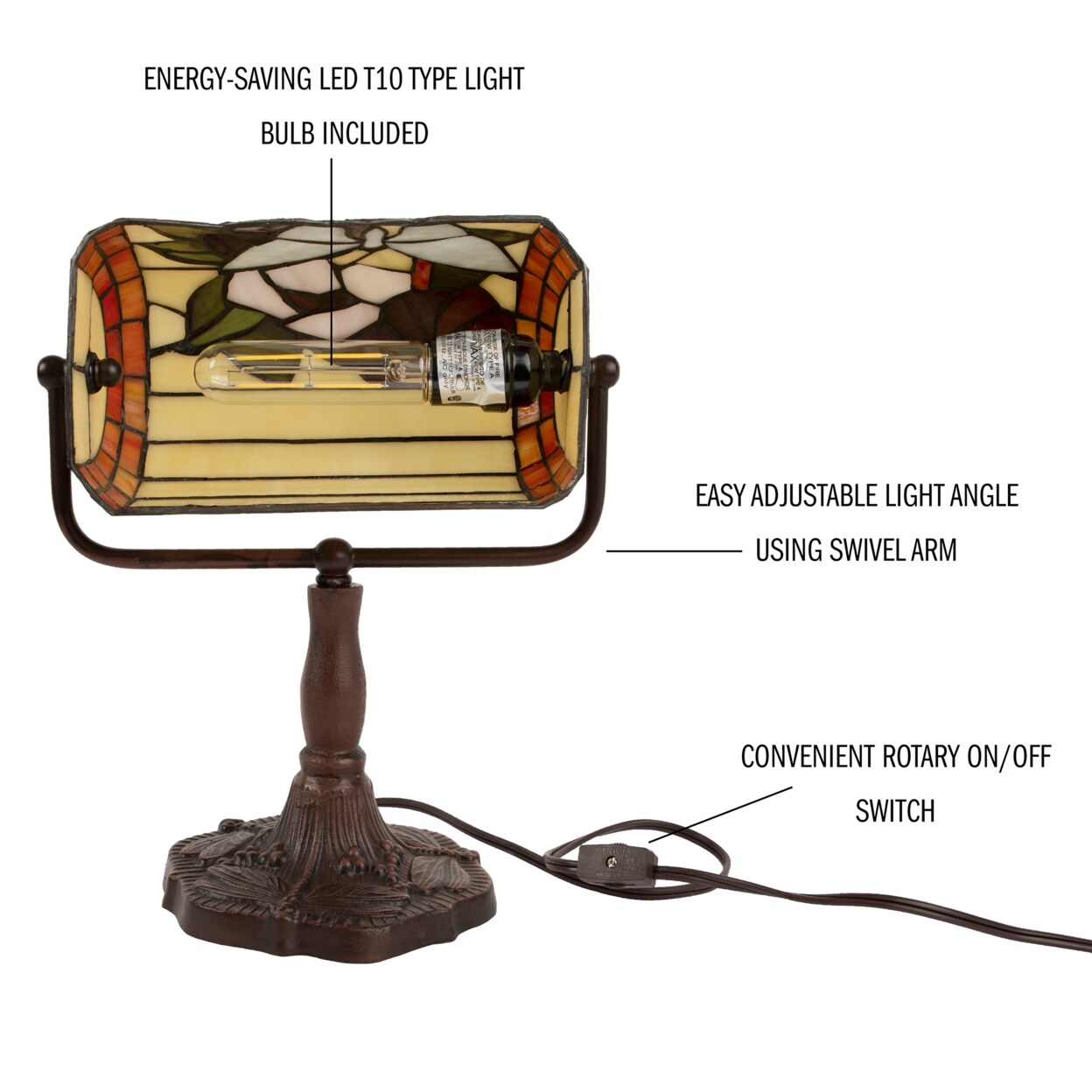 Tiffany Style Bankers Table Desk Lamp Stained Glass Led 12.5In Adjustable