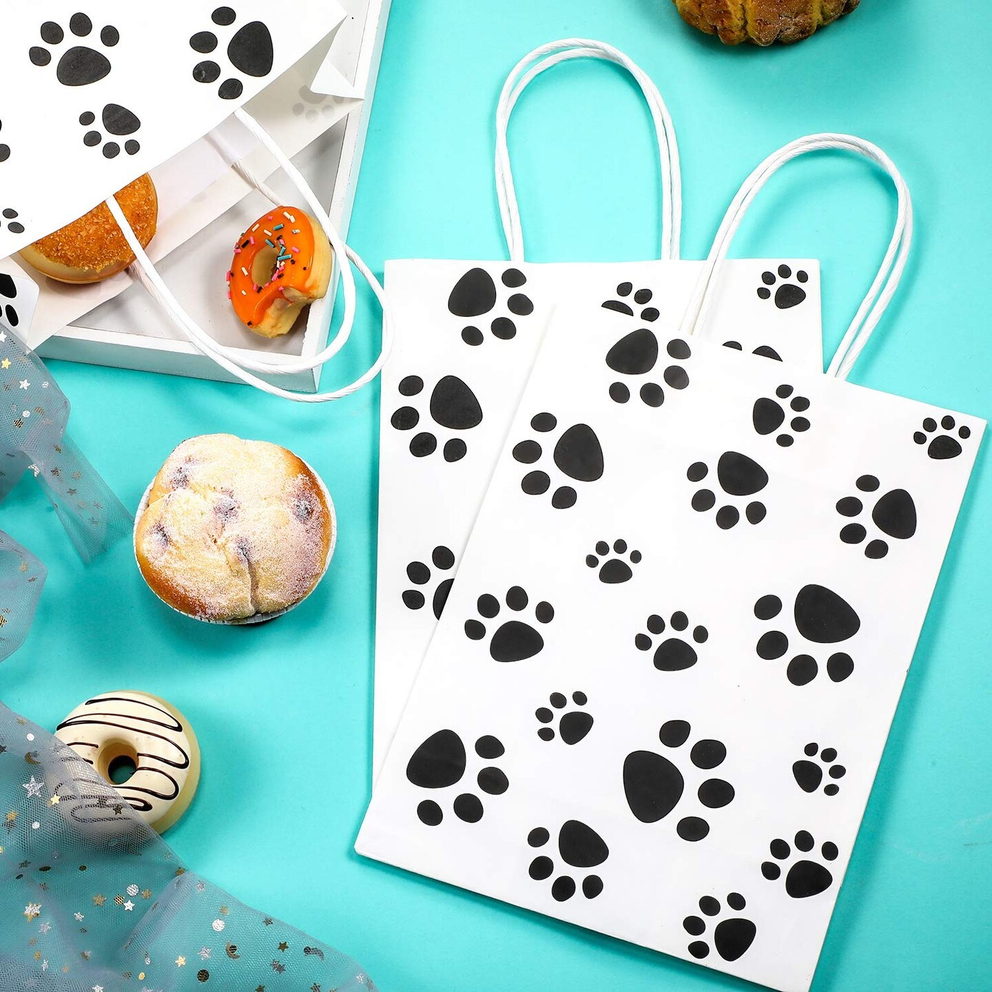 20 Pieces Puppy Dog Paw Print Gift Bags with Paper Twist Handles, Dog Gift Bags Paper Paw Print Treat Goodie Bags for PET Treat Party Favor, 6.3 x 3.1 x 8.6 Inch (White Backing)