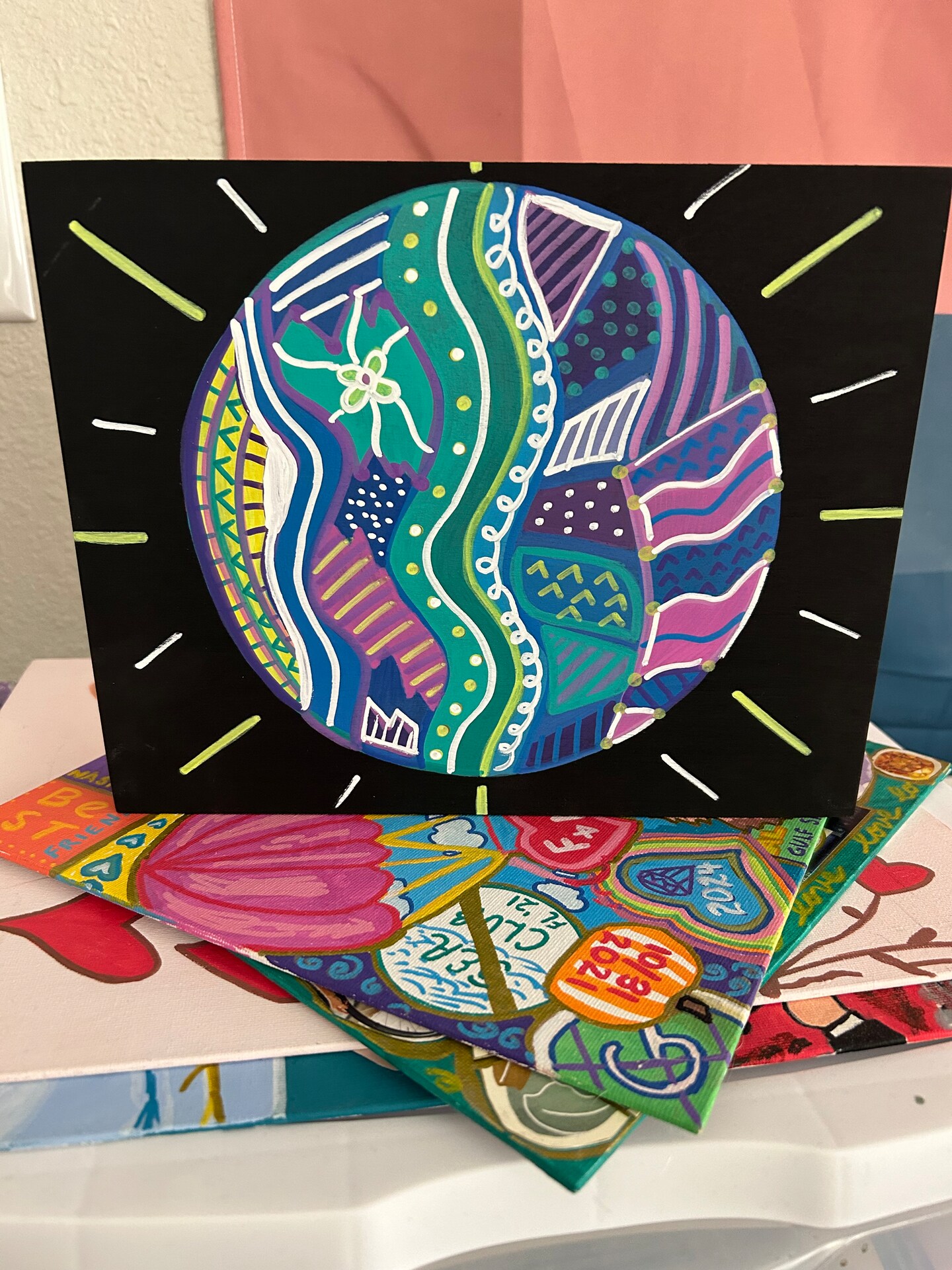 Abstract Sun Painting on Wood Block