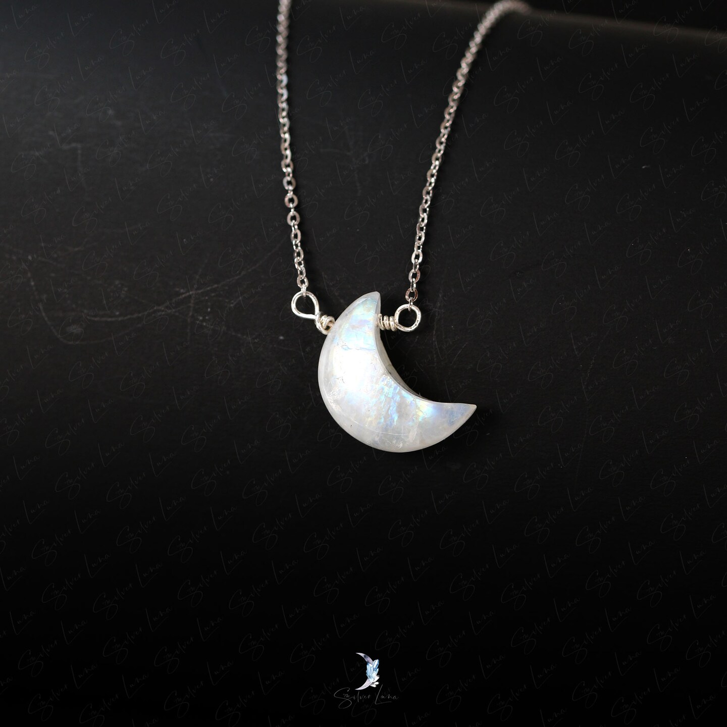 Crescent moon rainbow moonstone pendant necklace in sterling