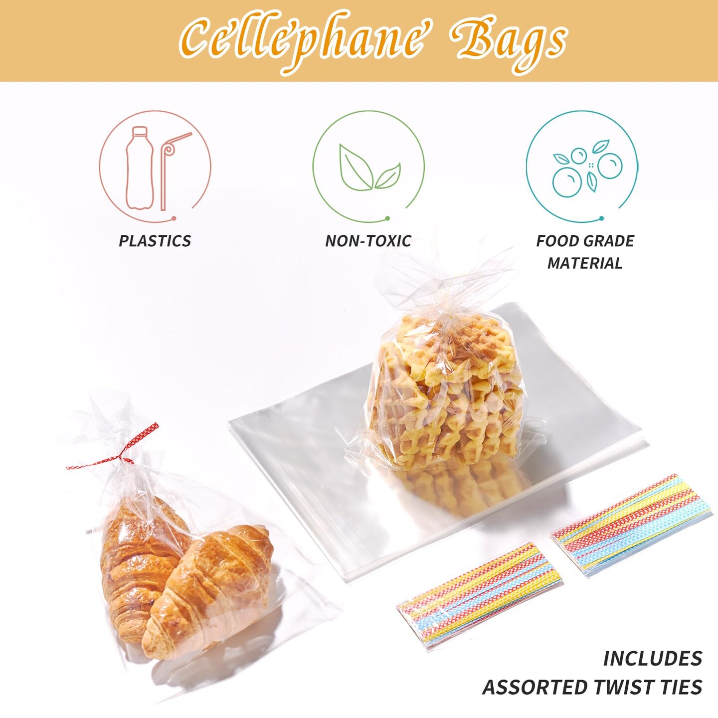 200 Pieces Transparent Clear Cellophane Bags 6x9 Inches, Clear Treat Bags with Ties for Cookie Bags Resealable Cellophane Bag for Packaging Cookies,Gifts,Products,Candy,Favors
