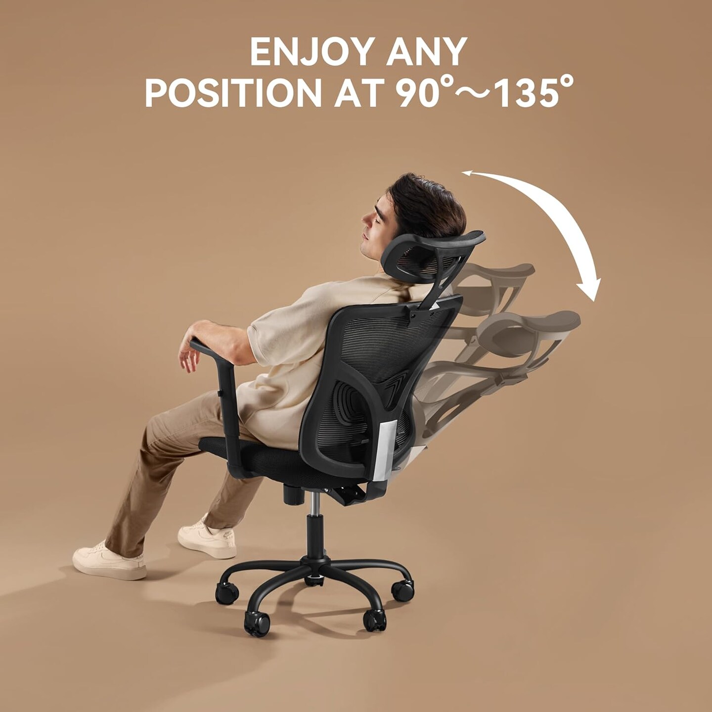 Ergonomic Office Chair, Desk Chair with 2&#x27;&#x27; Adjustable Lumbar Support, Headrest, 2D Armrest, Office Chair Backrest 135&#xB0; Rocking Relaxation, Computer Chair for Home Office