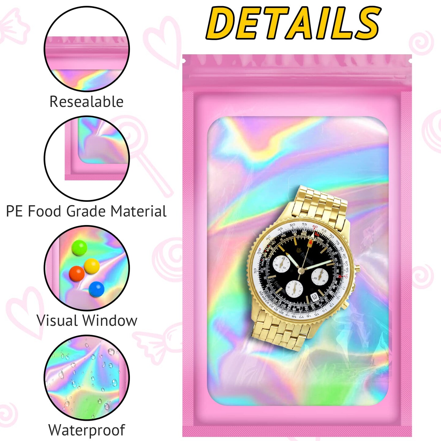 100 Pieces Smell Proof Bag, Packaging Bags, Holographic Mylar Bags, Foil Resealable Bags for Small Business Candy Jewelry Bracelet Party Favor Food Storage Sample Supplies (2.4&#xD7;3.9 Inch, Pink)