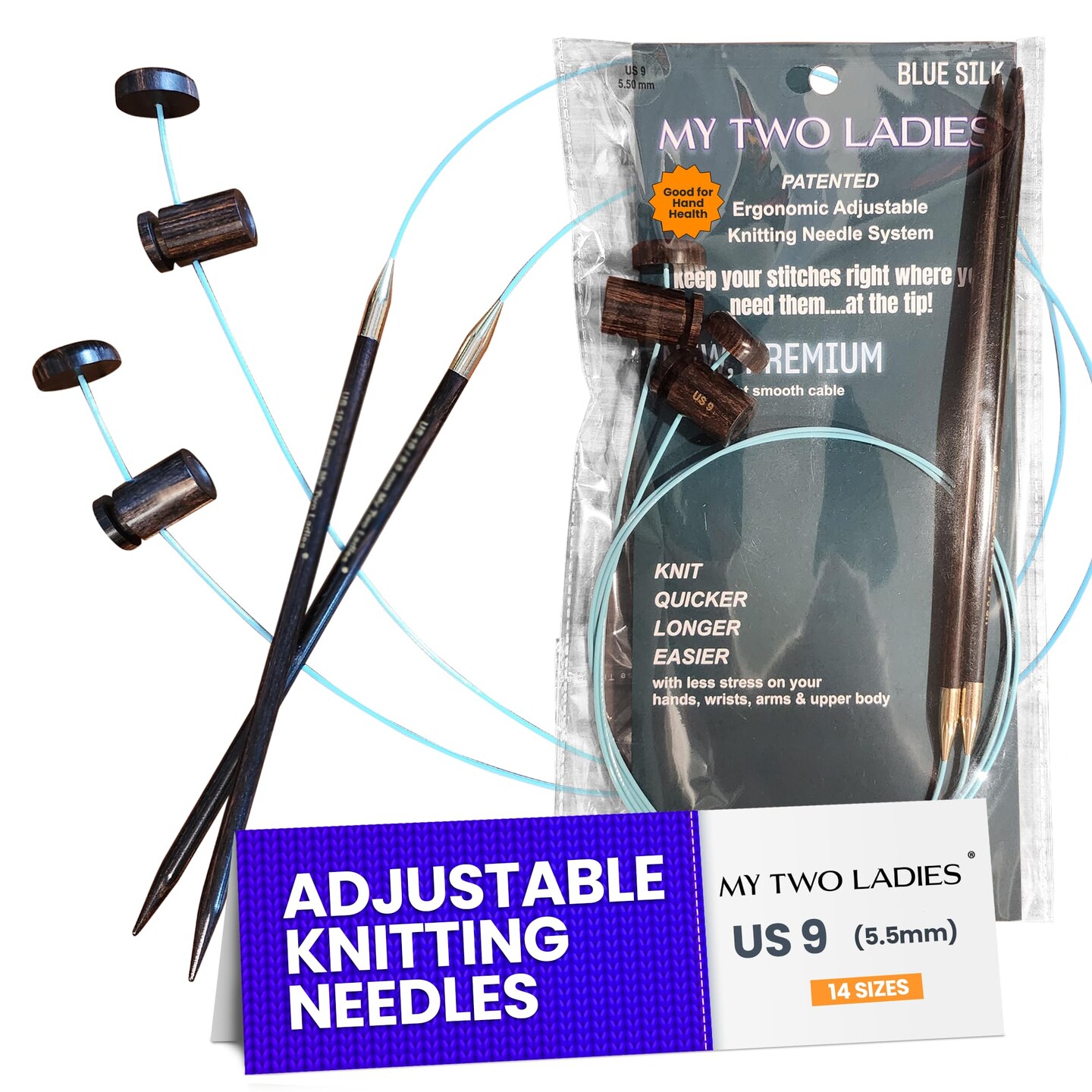 My Two Ladies Blue Silk Adjustable Ergonomic Knitting Needles - 7 ...