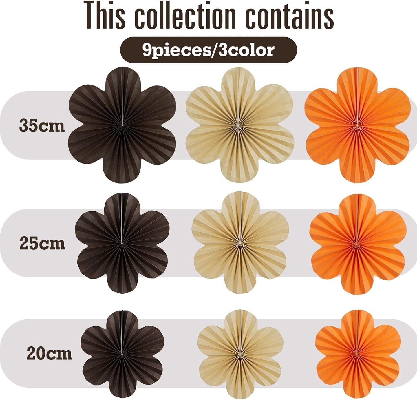 Paper Flower Decorations for Wall Paper Fans Classroom Decoration Paper Floral Backdrop Hanging paper fans for decoration. Brown Flower Wall Decor, Set of 9.