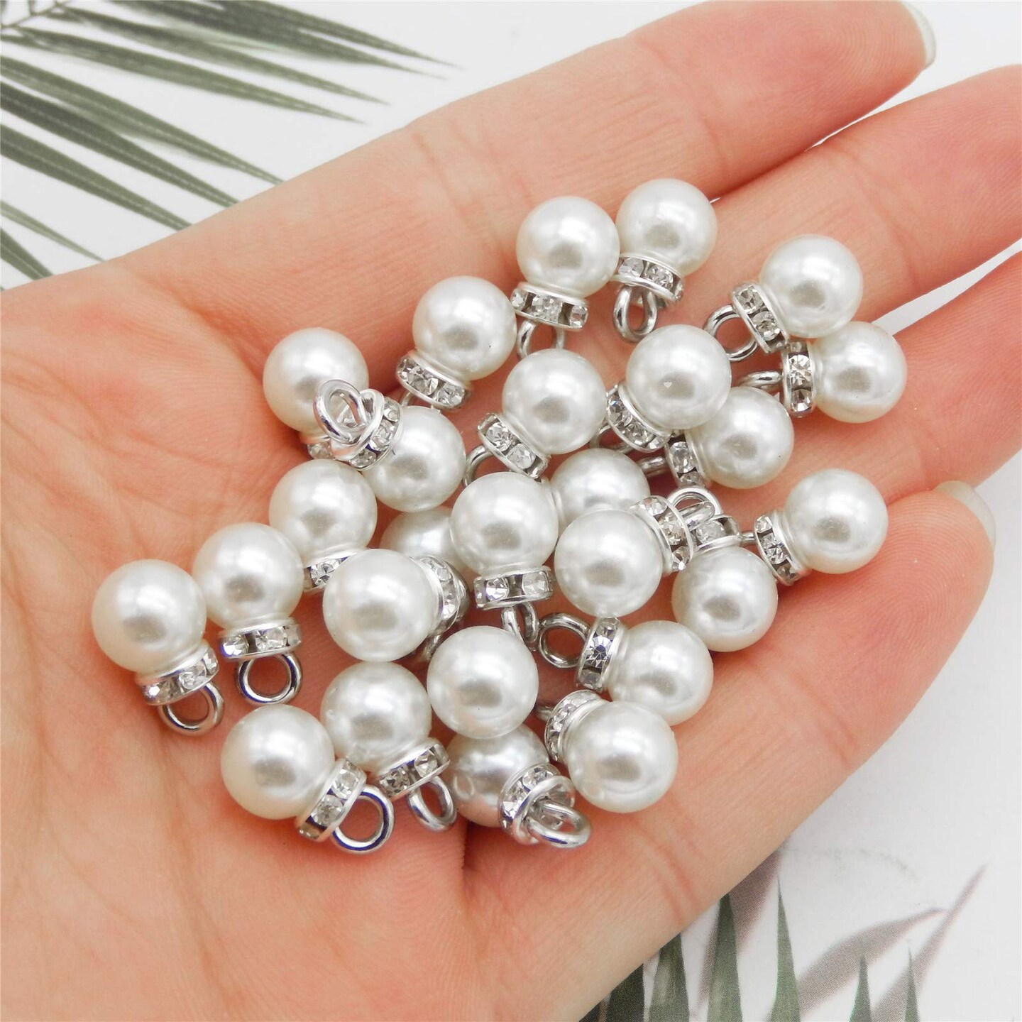 100 Pieces 8mm White Imitation Pearl Charms Pendants Faux Pearl Beads Charms with Rhinestone for Dangle Earrings Necklace Jewelry Making