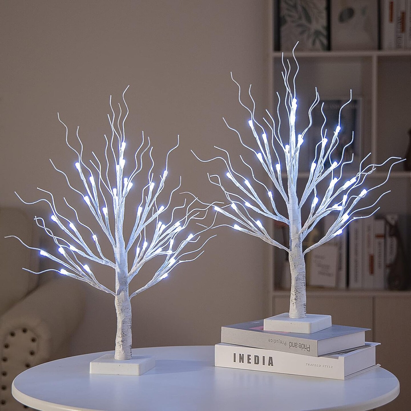 Set of Two Lighted Birch Tree 36LT LED Home Decorations Battery Operated Artificial Money Tree Gift Holder Decor Cold White 18&#x22;