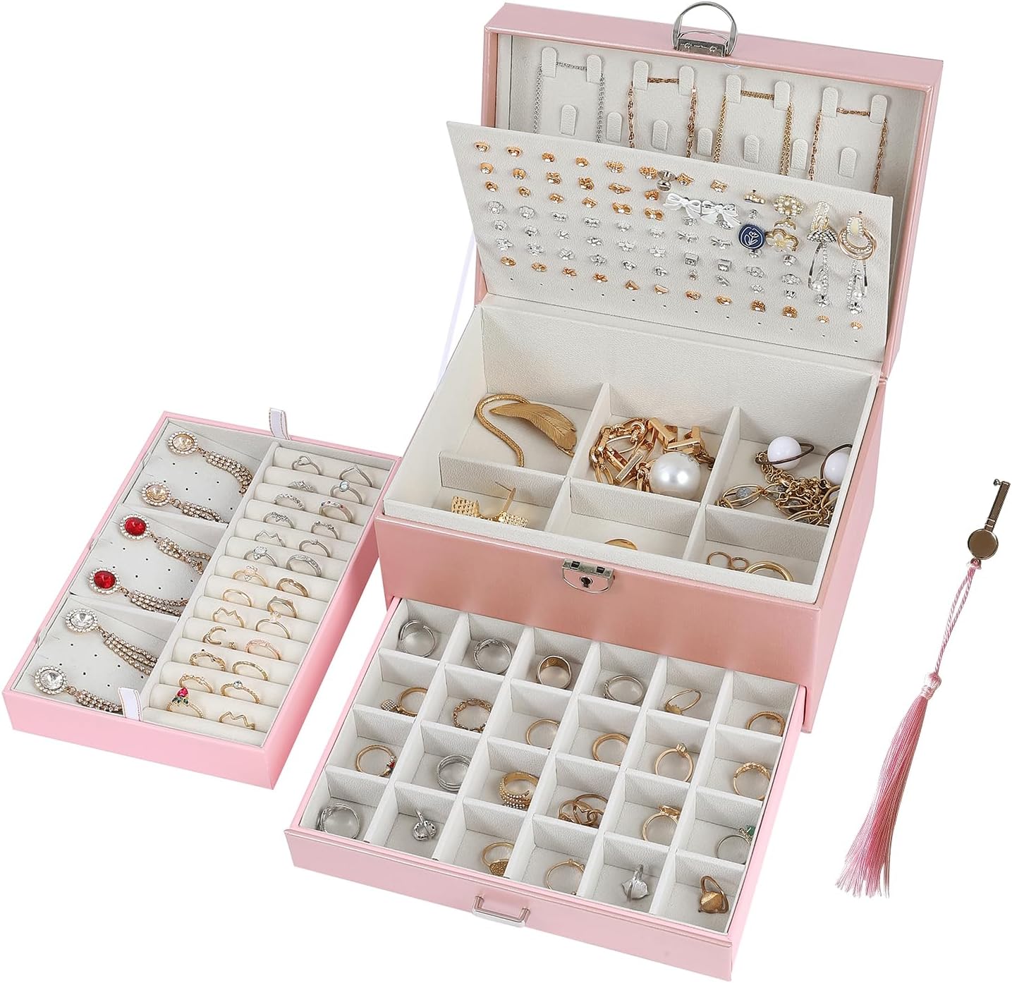 5-Layer Earring Jewelry Box with Lock – Stud, Necklace, Ring Organizer for Women and Girls