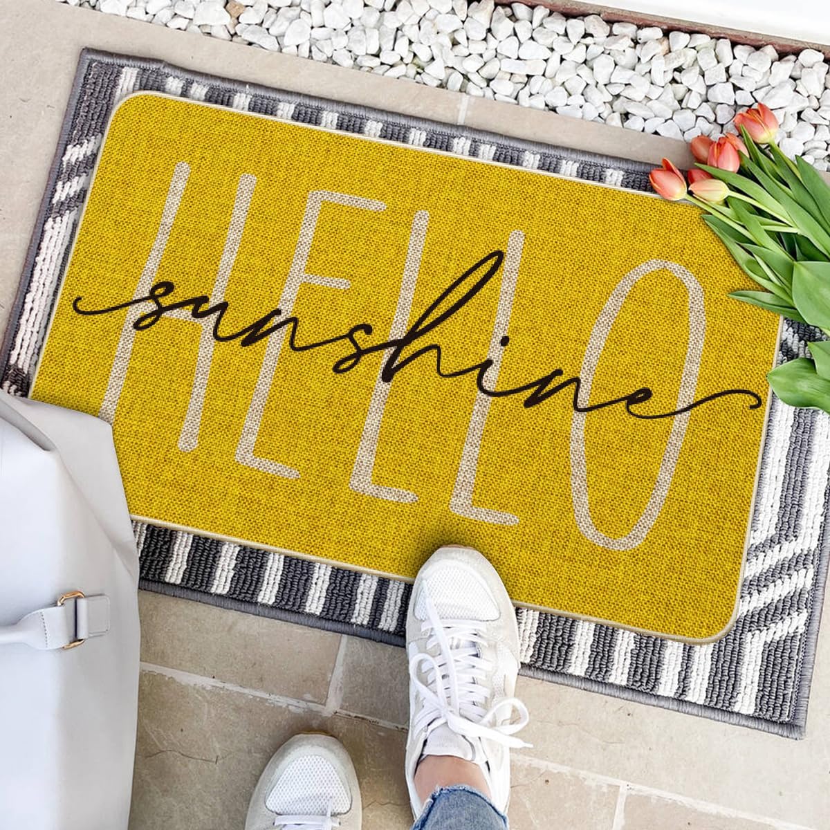 Seasonal Spring Holiday Low-Profile Floor Mat Switch Mat for Indoor Outdoor 17 x 29 Inch Yellow Hello Sunshine Summer Decorative Doormat