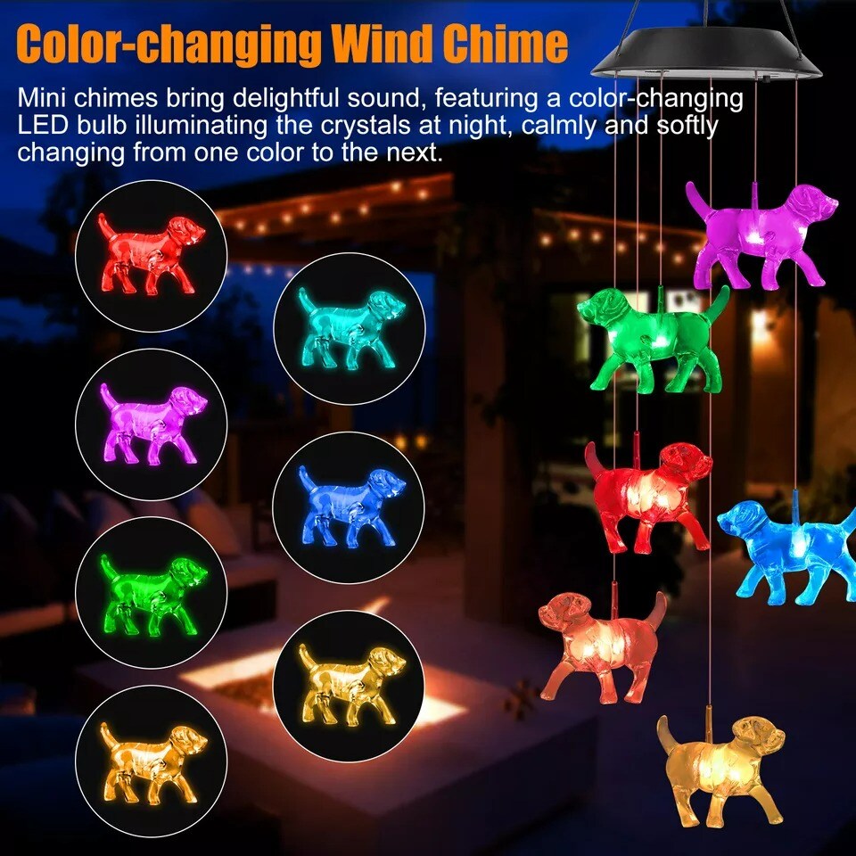Crystal Dog Solar Wind Chimes LED Light Color-Changing Waterproof Garden Decor