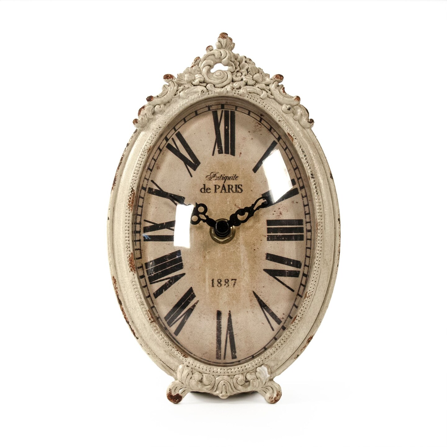 Zentique 7.5&#x22; Antique White and Black Distressed Finish Oval Desk Clock