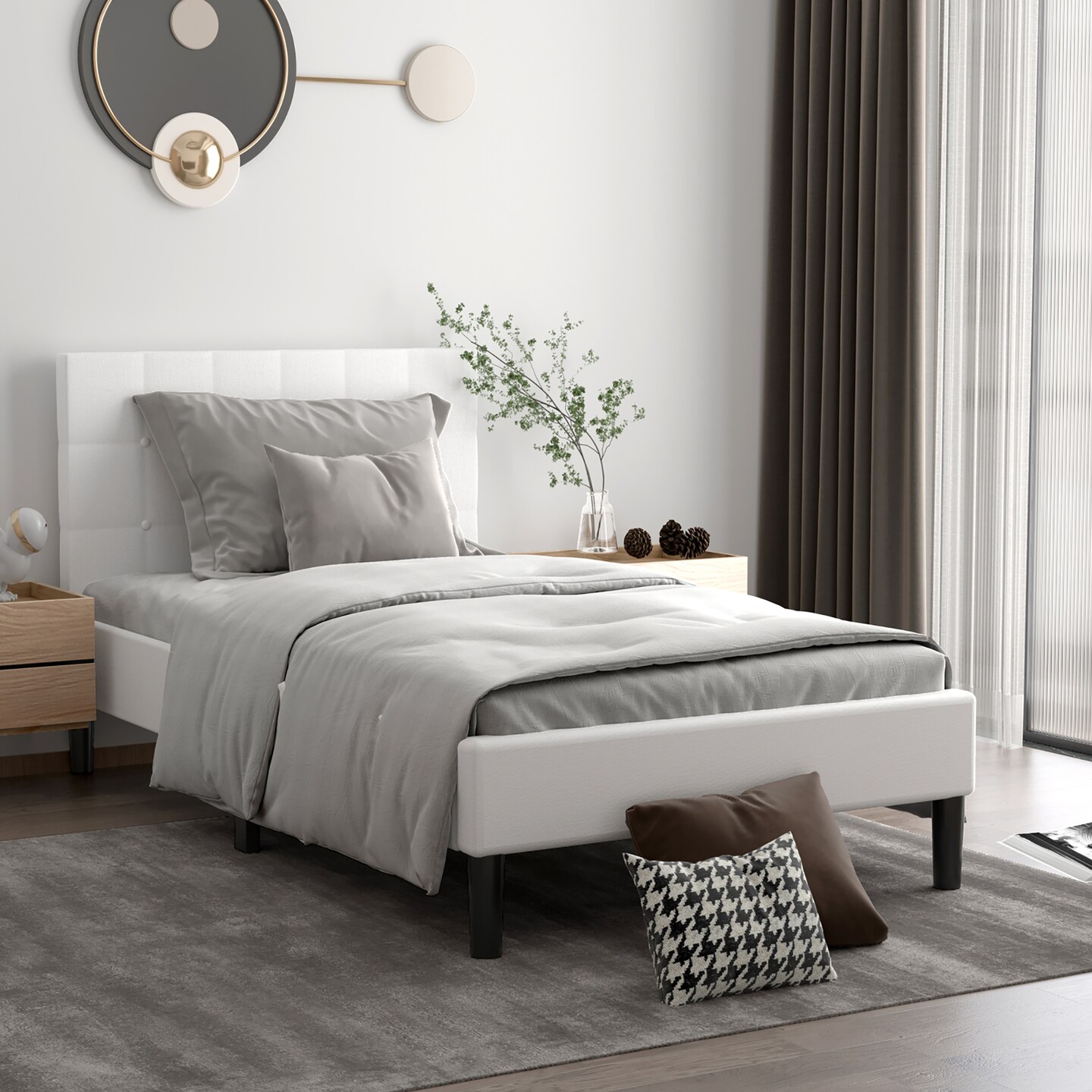 Costway Twin Upholstered Bed Frame Button Tufted Headboard Mattress Foundation