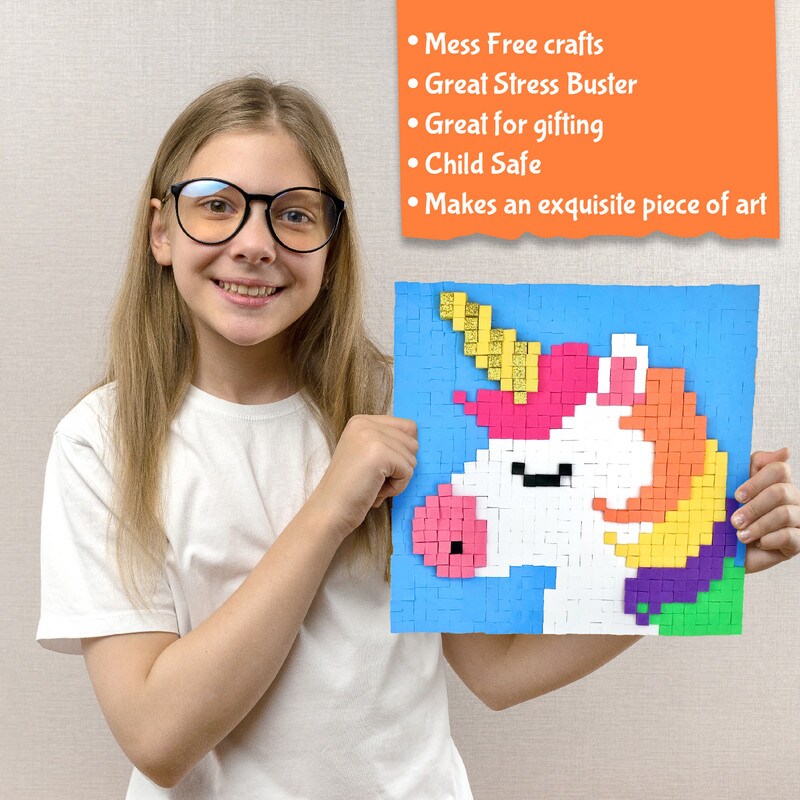 Stick n Stack Mosaic Arts and Crafts for Kids and Adults with 3D Foam Stickers - Unicorn Design - Mess-Free Kids Craft Kit for Striking 3D Art - Unique Unicorn Gifts for Girls and Boys Ages 10 and Up&#x2026;