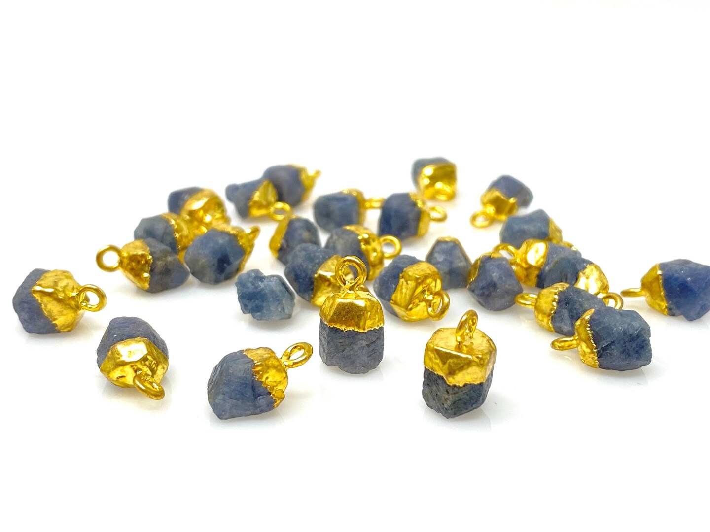 Rough Gold Electroplated Sapphire Gemstone Cap Charms, Blue - 12mm- 15mm - 10 Pieces