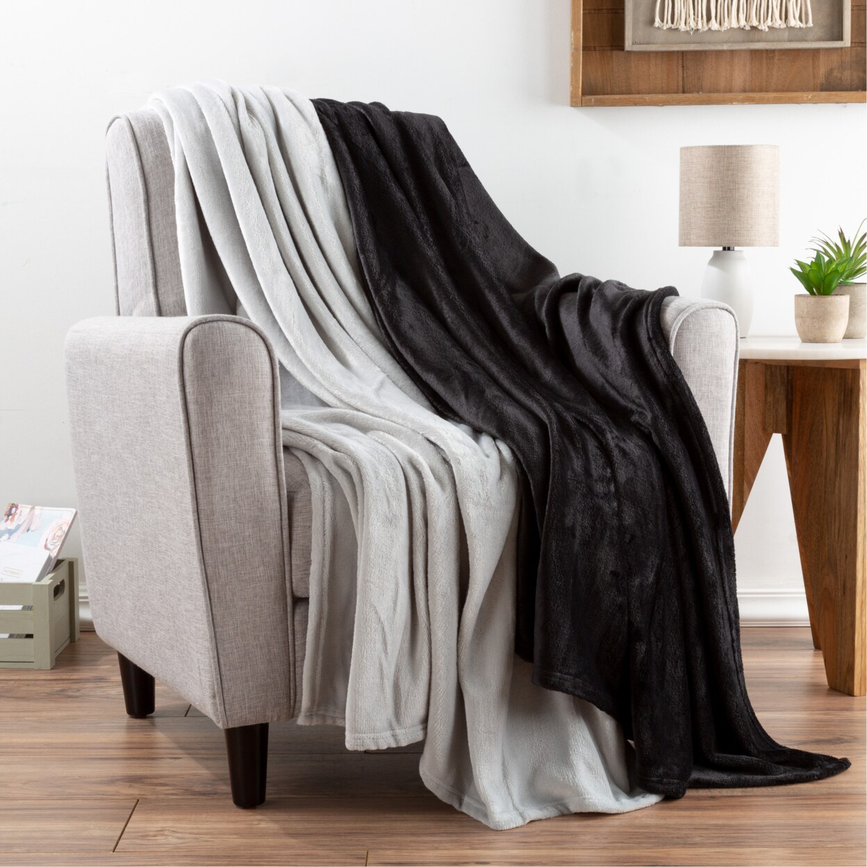 Lavish Home Fleece Throw Blanket Set of 2 Black Gray Plush 50 x
